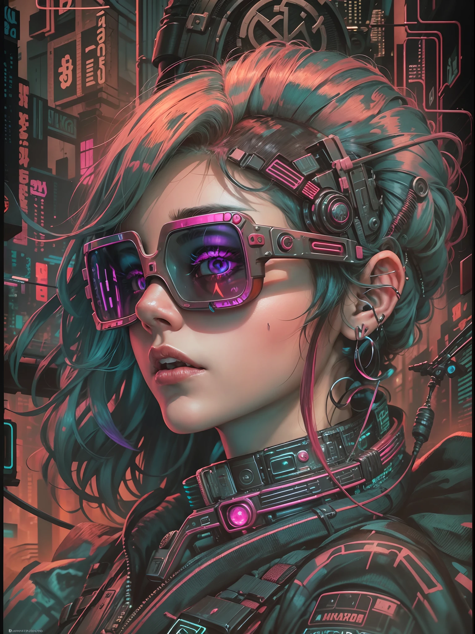 ((best quality)) , ((masterpiece)) , (detailed) ,fantasy art, On pale black paper, (Cyberpunk:1.3) , she is wearing a 1950S Suburbia Olive Peruvian High tech clothing that was made by Mercedes-Benz, It is Rainbow and Rust, Lob hair, Polish deep pink Blindfold, vegetation in background, Sketched, Cubo-futurism, Kodachrome, (dark blue and Gradient:0.7) , Swirling Plastic, Ruby detailed eyes, 8k resolution