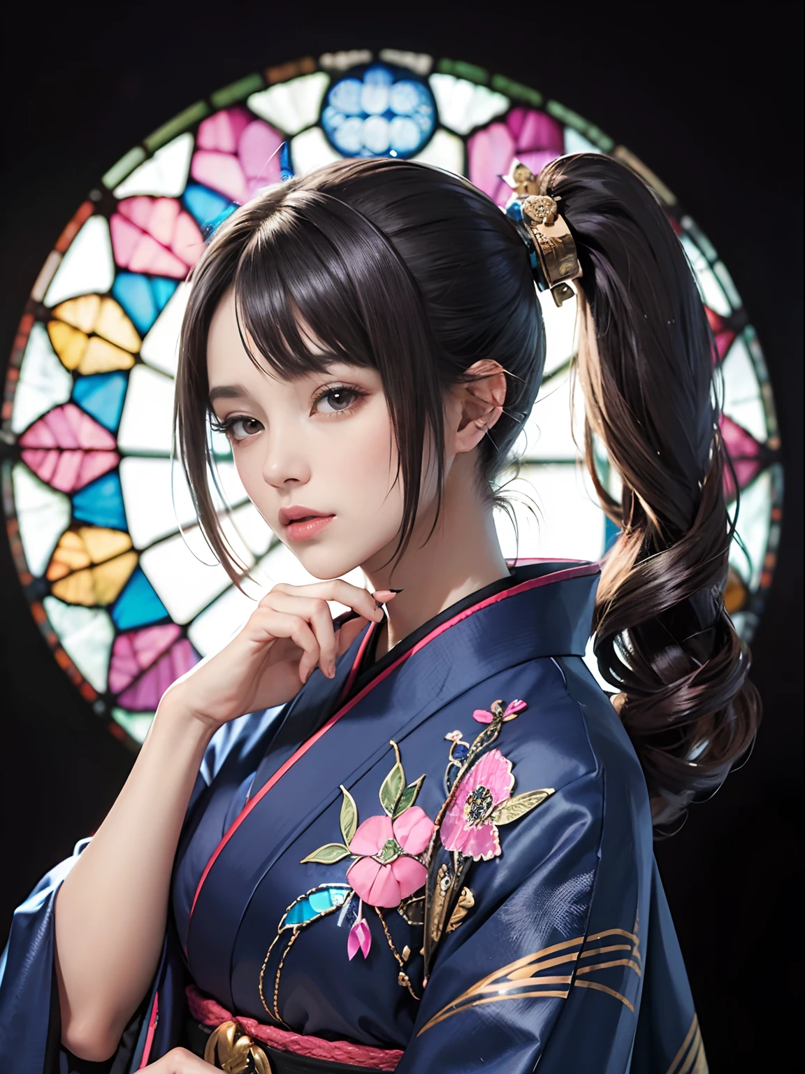 (rokoko:1.5),Background of details(chies:1.1(stain glass:1.2)),BREAK,elaborate costume{Luxury kimono(Colorful kimono(detailed embroidery,))},BREAK,1womanl(Beautiful and classy adult woman(Japanese actressl:1.2)(glossy dark hair(poneyTail:1.2))), Blake Wallpaper 16K,Blur the background,(masutepiece:1.5), (Best Quality:1.5),(Portrait photos:1.5),full body Esbian