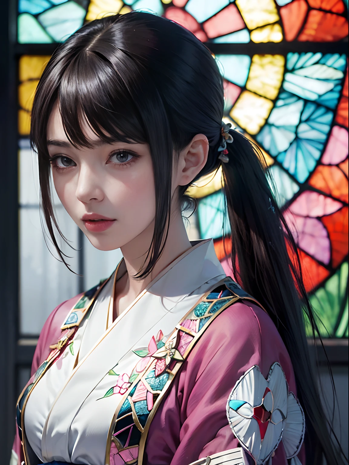 (rokoko:1.5),Background of details(chies:1.1(stain glass:1.2)),BREAK,elaborate costume{Luxury kimono(Colorful kimono(detailed embroidery,))},BREAK,1womanl(Beautiful and classy adult woman(Japanese actressl:1.2)(glossy dark hair(poneyTail:1.2))), Blake Wallpaper 16K,Blur the background,(masutepiece:1.5), (Best Quality:1.5),(Portrait photos:1.5),full body Esbian