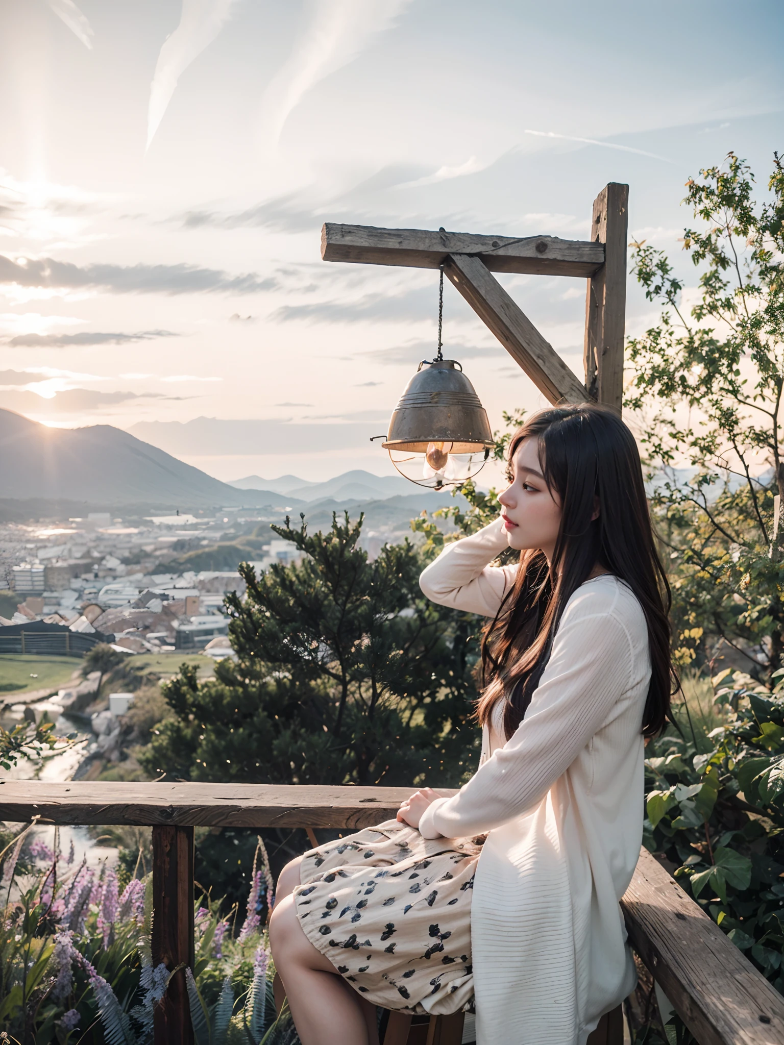 (masterpiece),(high quality), best quality, real,(realistic), super detailed, (full detail),(4k),8k, Beautiful young woman, sitting on a chair, behind the mountain, medium breasts, light,