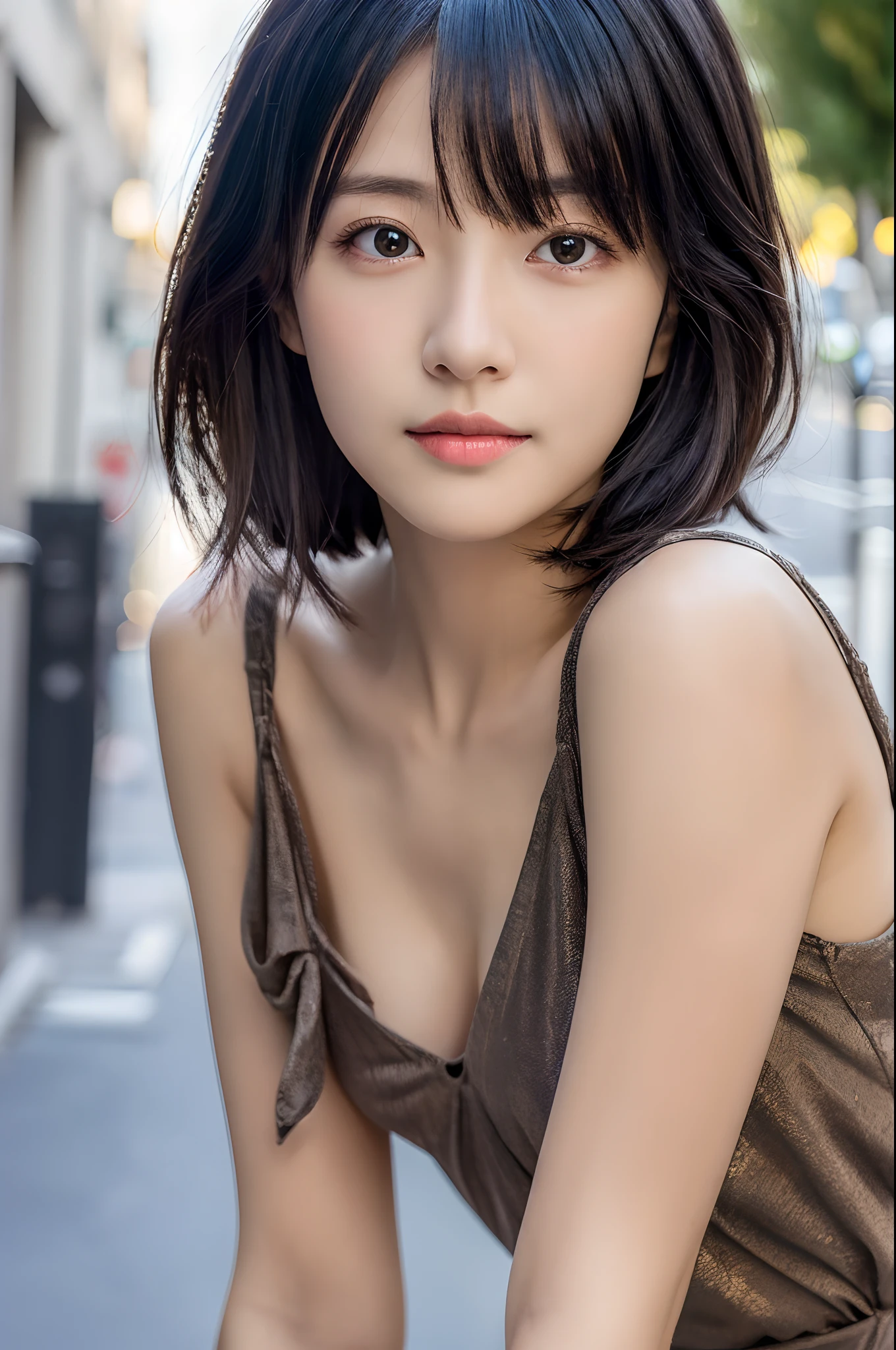 , Blown by the long wind [blue-black:.3] hair,Looking at Viewer, (masutepiece:1.3), (8K, Photorealistic, Raw photo, Best Quality: 1.4), Japanese, (1girl in), Beautiful face, (Realistic face), (Black hair, Short hair:1.3), Beautiful hairstyle, Realistic eyes, Beautiful detailed eyes, (Realistic skin), Beautiful skin, Attractive, 超A high resolution, A hyper-realistic, Highly detailed, Golden ratio,、乃木坂アイドル、韓国アイドル、hposing Gravure Idol、女優、25-years old、tall、resturant、Italy、Americans、Australia、