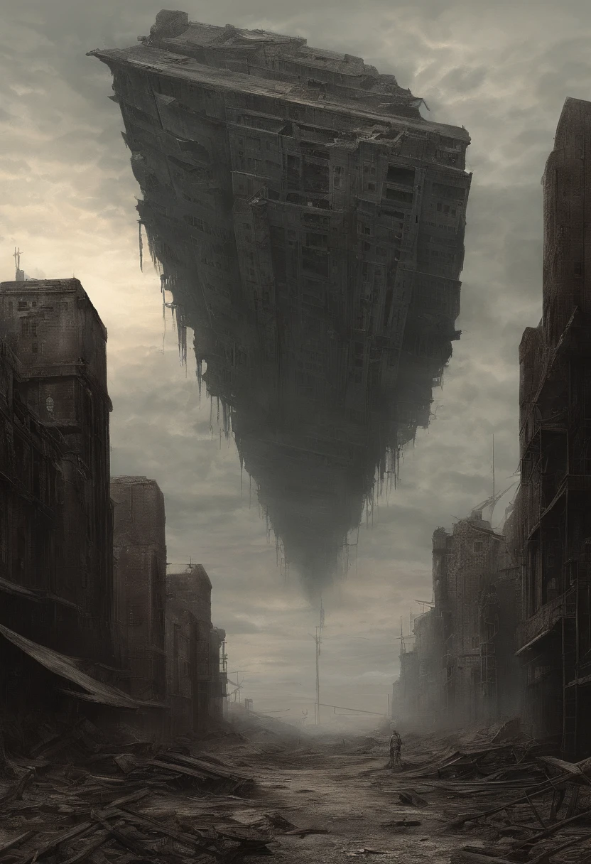 Create dystopian masterpieces,Depict the destroyed futuristic cityscape in a gritty game concept art style. The artwork should evoke a sense of futuristic desolation and despair, post apocalyptic world. Keep an eye on the intricacies of detail, Sharp focus, and a highly detailed description of the ruined city. Take inspiration from the artistic styles of Wayne Barlow and Zdislav Beksiński. Deliver this image in movie view format, Show the bleak beauty of this decaying world.