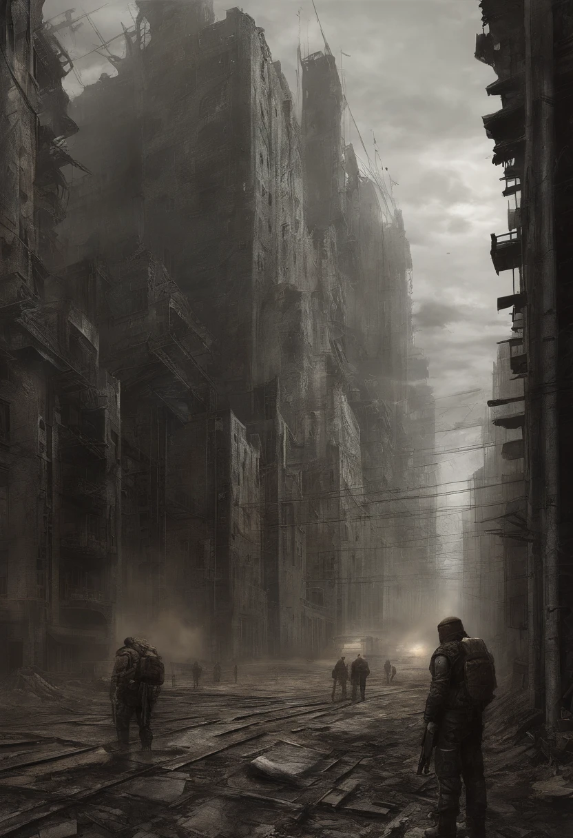 Create dystopian masterpieces，Depict the destroyed futuristic cityscape in a gritty game concept art style. The artwork should evoke a sense of futuristic desolation and despair, post apocalyptic world. Keep an eye on the intricacies of detail, Sharp focus, and a highly detailed description of the ruined city. Take inspiration from the artistic styles of Wayne Barlow and Zdislav Beksiński. Deliver this image in movie view format, Show the bleak beauty of this decaying world.
