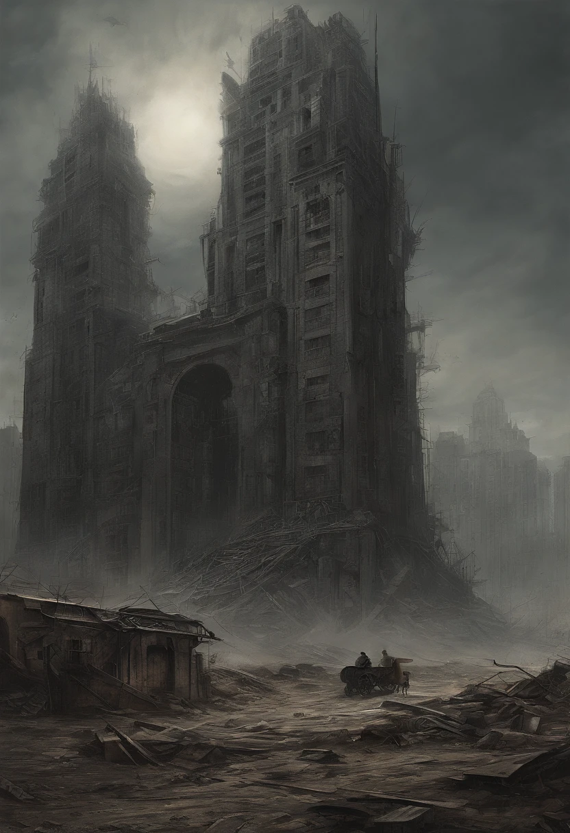 Create dystopian masterpieces,Depict the destroyed futuristic cityscape in a gritty game concept art style. The artwork should evoke a sense of futuristic desolation and despair, post apocalyptic world. Keep an eye on the intricacies of detail, Sharp focus, and a highly detailed description of the ruined city. Take inspiration from the artistic styles of Wayne Barlow and Zdislav Beksiński. Deliver this image in movie view format, Show the bleak beauty of this decaying world.
