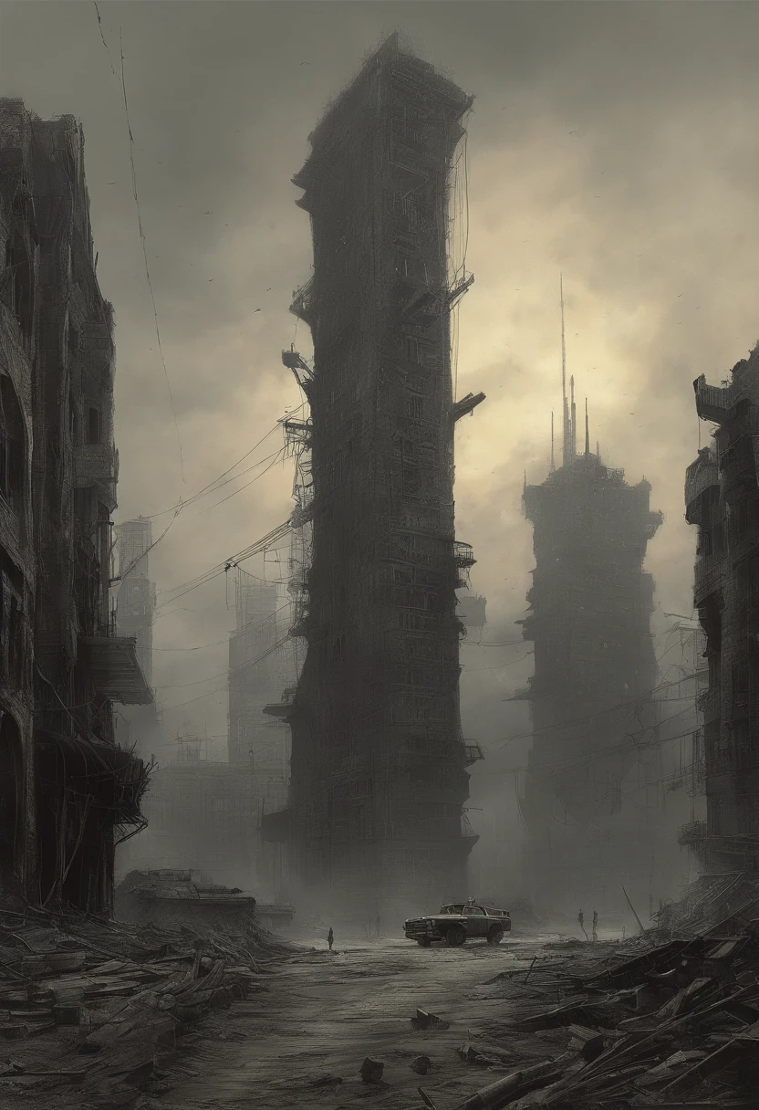 Create dystopian masterpieces,Depict the destroyed futuristic cityscape in a gritty game concept art style. The artwork should evoke a sense of futuristic desolation and despair, post apocalyptic world. Keep an eye on the intricacies of detail, Sharp focus, and a highly detailed description of the ruined city. Take inspiration from the artistic styles of Wayne Barlow and Zdislav Beksiński. Deliver this image in movie view format, Show the bleak beauty of this decaying world.