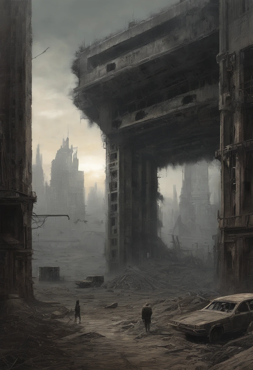 Create dystopian masterpieces,Depict the destroyed futuristic cityscape in a gritty game concept art style. The artwork should evoke a sense of futuristic desolation and despair, post apocalyptic world. Keep an eye on the intricacies of detail, Sharp focus, and a highly detailed description of the ruined city. Take inspiration from the artistic styles of Wayne Barlow and Zdislav Beksiński. Deliver this image in movie view format, Show the bleak beauty of this decaying world.