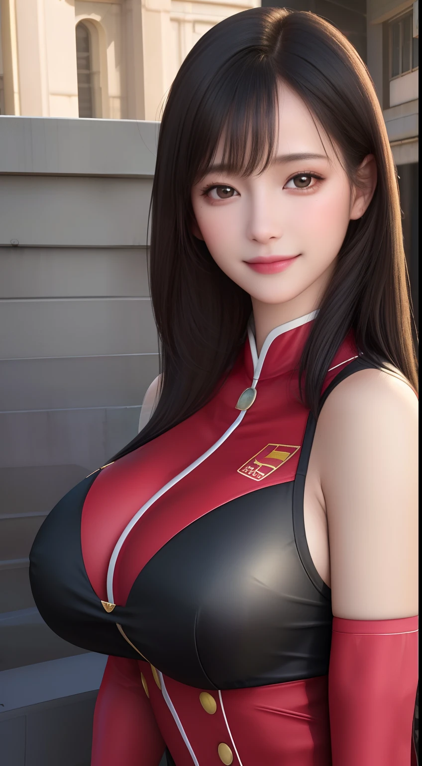 ((Best quality, 8k, Masterpiece :1.3)), Beautiful face, (photo realistic:1.4), soft lighting, (high detailed skin:1.3), 8k uhd, dslr, high quality, high resolution, 4k, 8k, absurdres, best ratio four finger and one thumb, (realistic:1.4), ((realistic super jumbo breasts :1.3)), Highly detailed face and skin texture, Detailed eyes, Double eyelid, full body view, 1girl,(W cup breast),long black ponytaill hair,Red Arsenal Uniform Sportswear's Outfit,smiling,in outdoor's