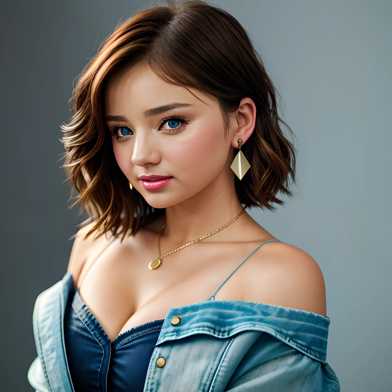 Realistic photo of a woman m1r4nd4k3rr, pectorals, looking a viewer, Short hair, blue eyes, Simple background, brown hair, Shirt, whitebackground, cleavage, Jewelry, jacket, upper-body, earings, parted lips, off-shoulder, lips, Realistic, denim jacket, Professional photography, Photorealistic, A detailed eye, Raw, analog, sharp-focus, 8K, HD, dslr, hiquality, Fujifilm XT3, Film grain, award winning, Masterpiece