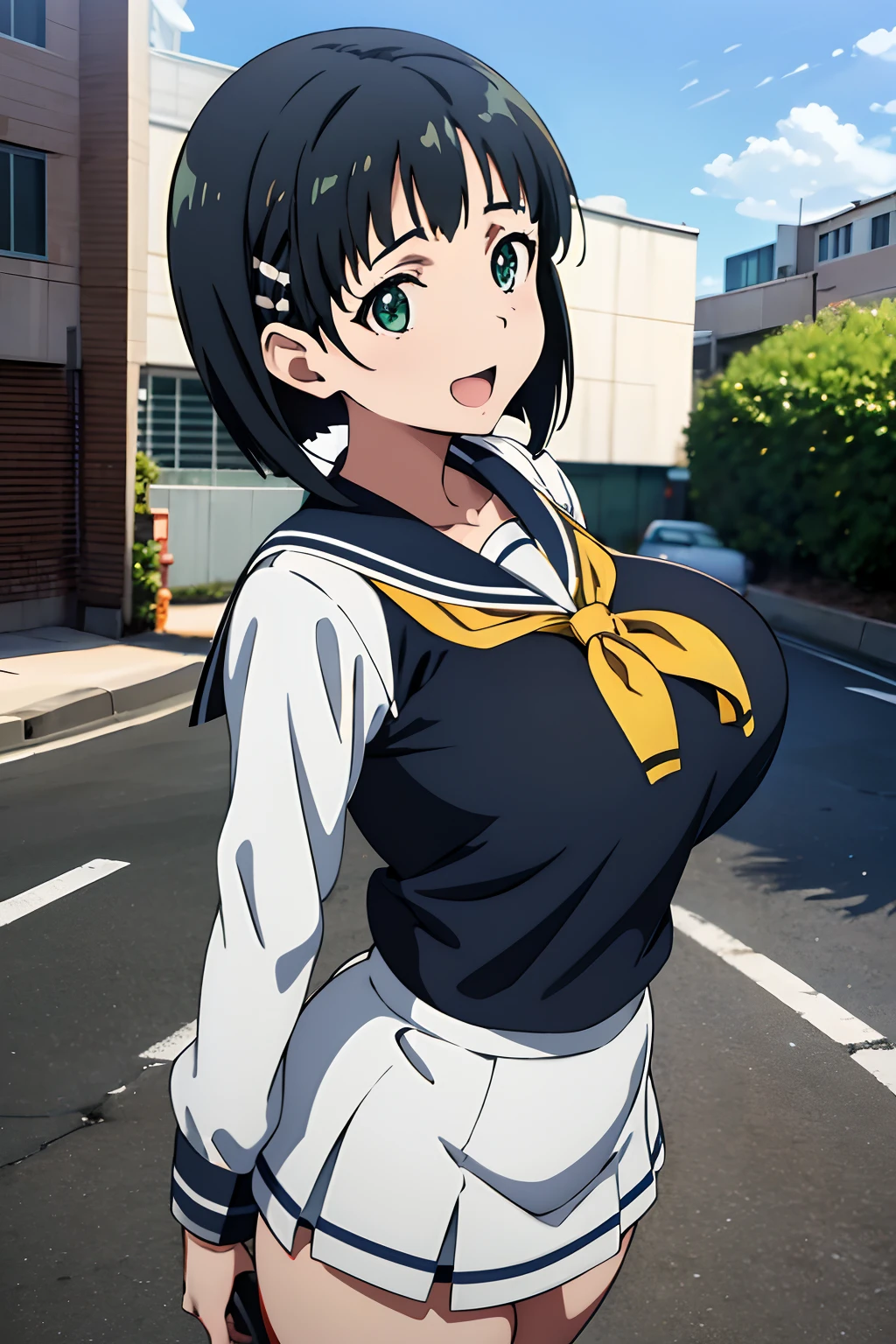 very huge tits, busty, white sailor uniform, yellow nectie, Naoha Kirigaya(sword art online), 1girl, bob hair, black hair, hairclip, ​masterpiece, green eyes, top-quality, A sexy、school、dynamic angle, view at camera, half body, open mouth, smile