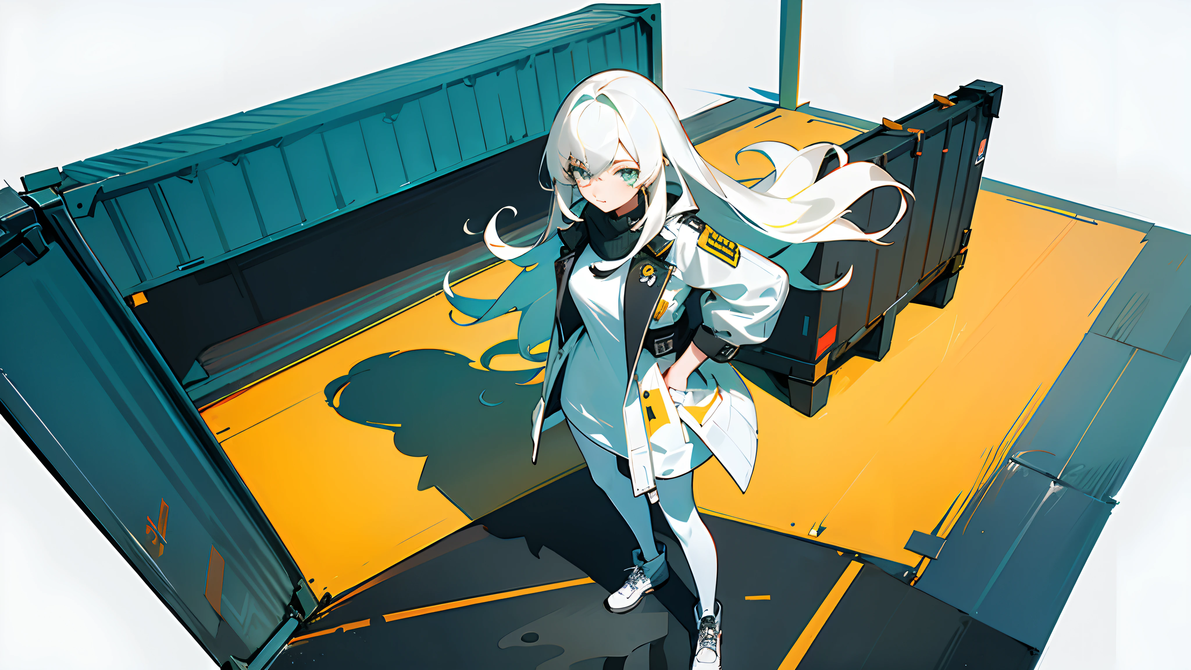 round image, (the best quality:1.2), (super fine illustrations:1.2), (SOLO:1.4), ((round image)), {1 girl}, {solo}, (((full body))), {{{only five fingers}}}, ((white))long  hair((yellow and (White) ends)), long hair, whole body, pantyhose, look at viewer, aqua eyes, cyberpunk, {hands hidden}, {{{hands in pockets}}}, {{hands in sleeves}} A girl stands in front of a shipping container with a black umbrella, There was a black car parked next to it, Rained, rainy scene, high detail, from above, From above, Depth of field, (masterpiece:1.3), (Masterpiece), high quality  [(white background:1.1)::5] [(cyberpunk:1):5] [(game character portrait:1.2):5]