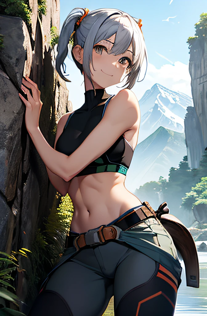 Mountain wall,Rock Climbing,Rock climber,Woman climbing a rock wall alone,Anti-slip powder at waist belt,Tubular Waist Pouch,Especially while reflecting elements of Western beauty.Woman with natural smile and attractive expression,Transparent skin,Short-cut hair with shiny silver and orange stripes,(poneyTail:1.3),Sportsbra,leggins,(The 8k quality,masutepiece,top-quality,Ultra-high resolution output image,),(Highly detailed raw photos:1.3),(Image Mode Ultra HD),,Studio Ghibli style quality,