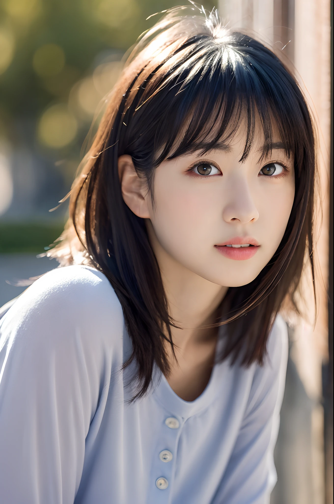 , Blown by the long wind [blue-black:.3] hair,Looking at Viewer, (masutepiece:1.3), (8K, Photorealistic, Raw photo, Best Quality: 1.4), Japanese, (1girl in), Beautiful face, (Realistic face), (Black hair, Short hair:1.3), Beautiful hairstyle, Realistic eyes, Beautiful detailed eyes, (Realistic skin), Beautiful skin, Attractive, 超A high resolution, A hyper-realistic, Highly detailed, Golden ratio,、乃木坂アイドル、韓国アイドル、hposing Gravure Idol、女優、25-years old、tall、resturant、Italy、Americans、Australia、