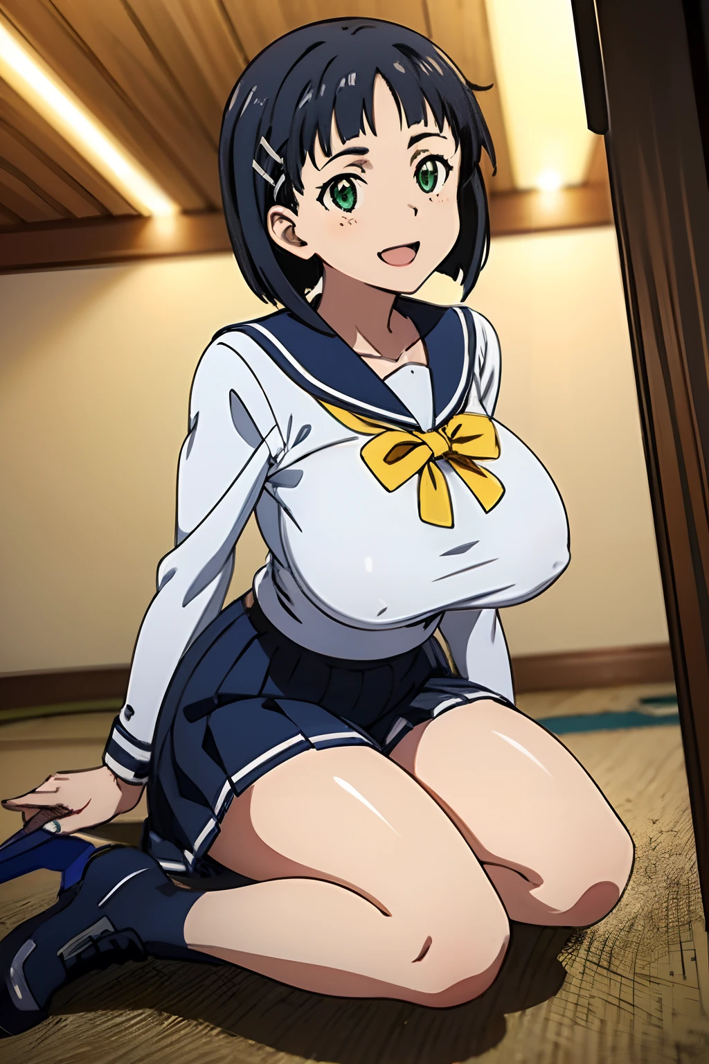 very huge tits, busty, shoet Sleeve sailor uniform, yellow nectie, Naoha Kirigaya(sword art online), 1girl, bob hair, black hair, hairclip, masterpiece, green eyes, top-quality, A sexy、school、dynamic angle, view at camera, half body, open mouth, smile