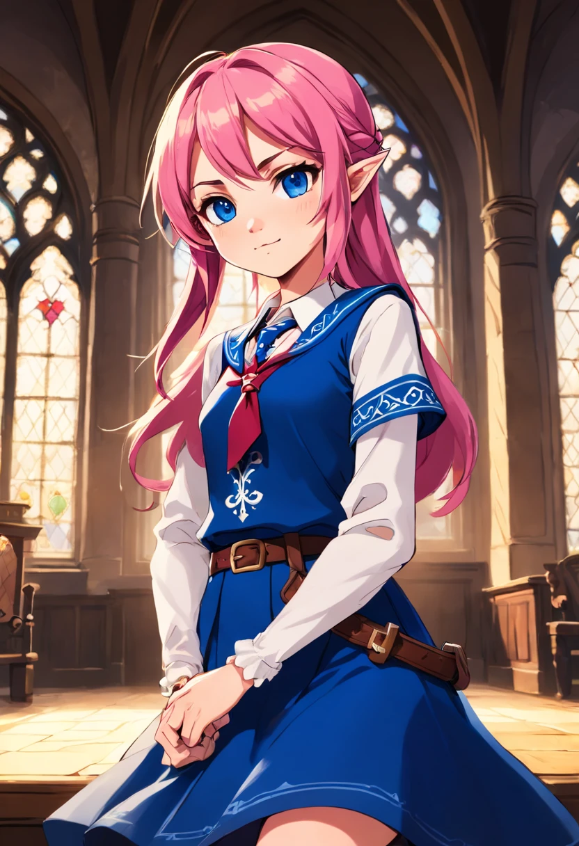 (hight resolution, Best Quality:1.2), brilliance, soft contour, a beautiful painting, Cowboy Shot, (masutepiece), 1girl in, Beautiful Girl, Hogwarts Background, Background of the magical world, Background inside the mansion, Shadow Window, Hogwarts Background, Black background, hogwarts school uniform, hogsks, Ravenclaw, pink hair in a ponytail, Blue eyes, Angry look, School Dress, Long skirt, Blue tie, cool lady