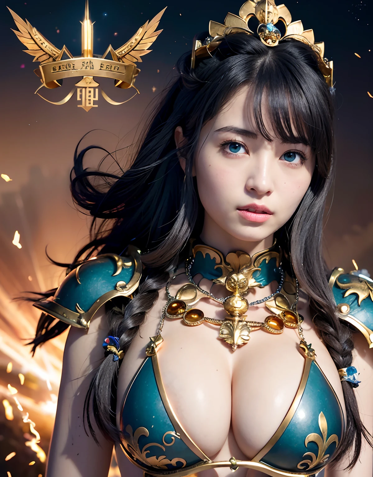 Professional , ​masterpiece、top-quality、photos realistic , 、top-quality、超A high resolution、(Photorealsitic:1.4)、Raw photo、depth of fields （Gemstone Gold Metal Body:1.9),(Matte White、Toostock、cleavage of the breast、（cleavage of the breast）、(((Micro Bikini Armor))),（Detailed Dragon Armor）、（Have the strongest weapon）、（(Random Hairstyles 1.6),Dark Fantasy,）explosions、intense fighting、（Precipitous cliffs),Dragon Gold Weapon,Mystical expression、Particles of light、Fight dragons、（Detailed Dragon Helmet),Gorgeous Silver Weapons ,（（ Dragon's dense and gorgeous sword）） , Beautiful knife   ,warhammer 40k ,Detail and gorgeous crown、（（Blue hair））、（Castle background）、、（（Gangle's forest background））、Beautiful Caucasian beauty、１a person、dynamic ungle,(((With detailed shielding)))、Smaller head、A smile、Castle background、Thin and beautiful female hands、cleavage of the breast、Soldier in iron armor on background、Mystical expression、Light Effects、intense fighting、Wind-effect、magic circles、With the legendary magic wand、（demonic wings）、Toostock、