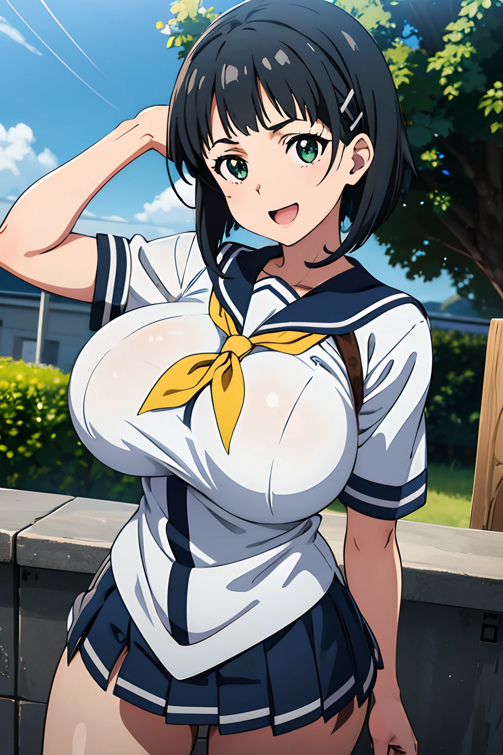 very huge tits, busty, gray sailor school uniform, yellow nectie, Naoha Kirigaya(sword art online), 1girl, bob hair, black hair, hairclip, ​masterpiece, green eyes, top-quality, A sexy、school、dynamic angle, view at camera, half body, open mouth, smile