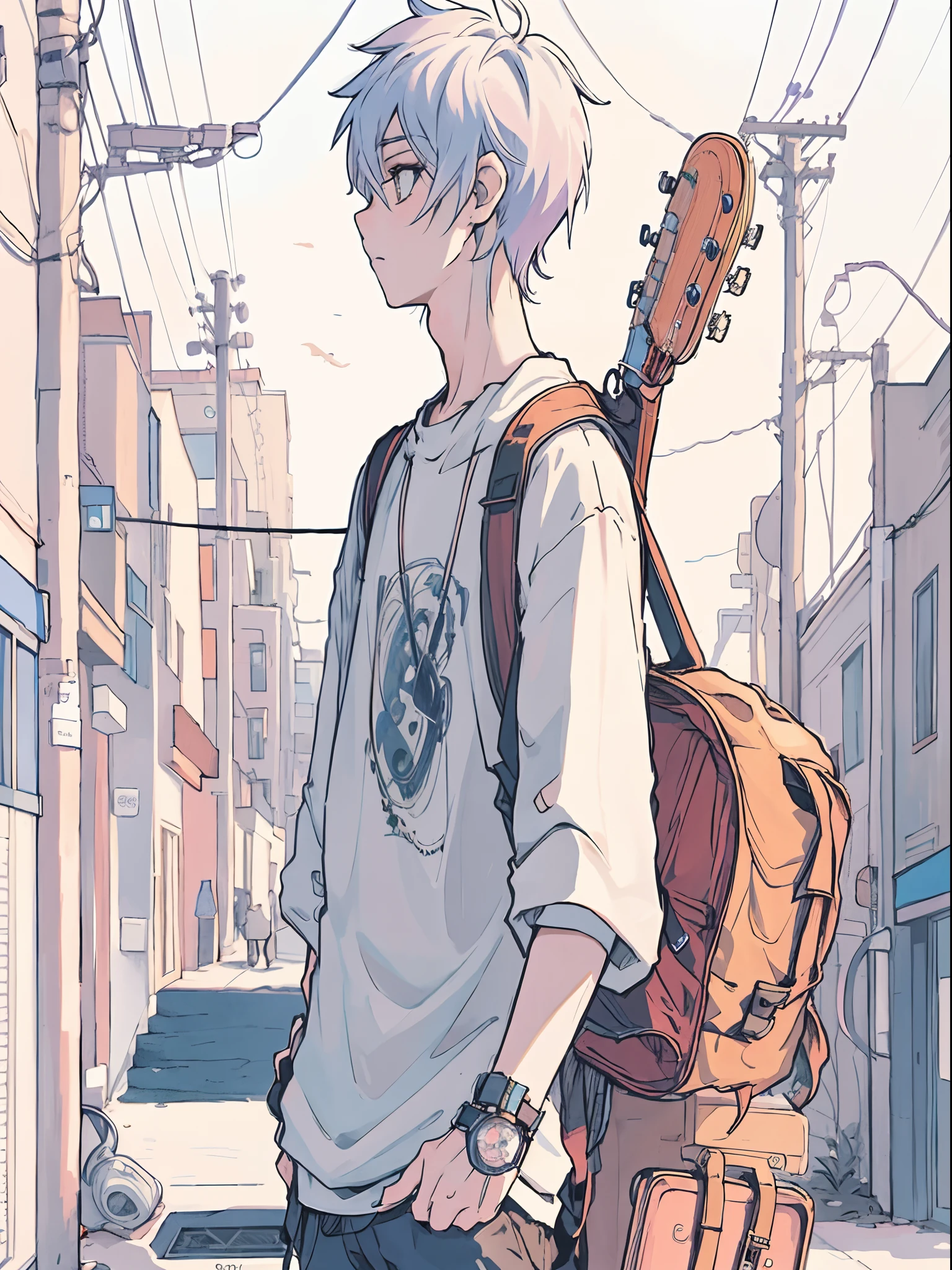 anime boy with guitar and backpack walking down the street, anime aesthetic, anime asthetic, anime boy, anime vibes, young anime man, clean detailed anime style, Watch, Headset, carrying a guitar, male anime style, high quality anime artstyle, lofi artstyle, clean detailed anime art, white haired, anime style illustration