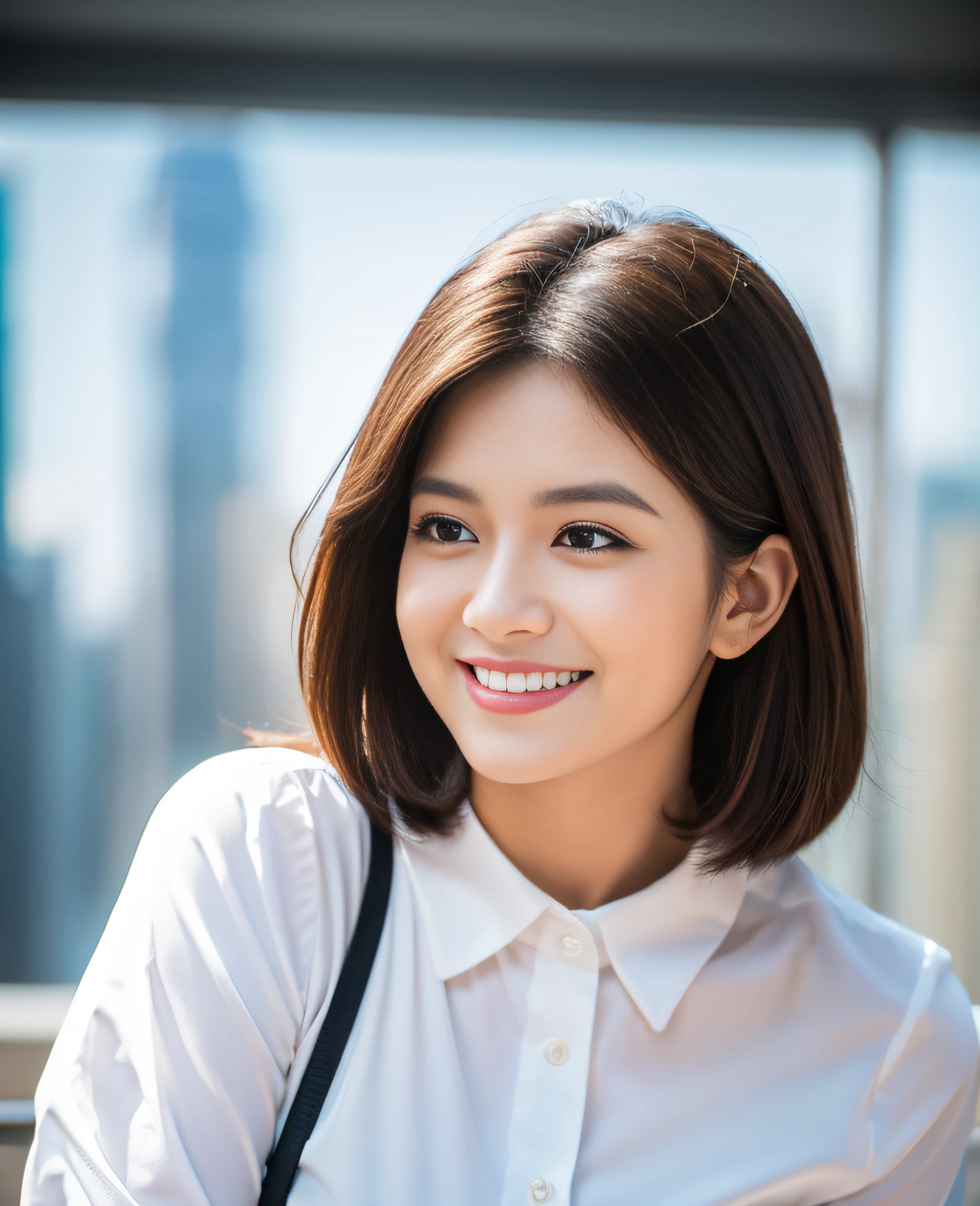 ((Best quality, 8k, Masterpiece: 1.3)), 1 girl, smiling, full body, slim face, pretty woman, short dark brown hair, white crisp shirt on the upper body, black straight suit pants on the upper body, High heels, super detailed face, detailed eyes, double eyelids, blurred background, slim face, skyscrapers, waist shot,