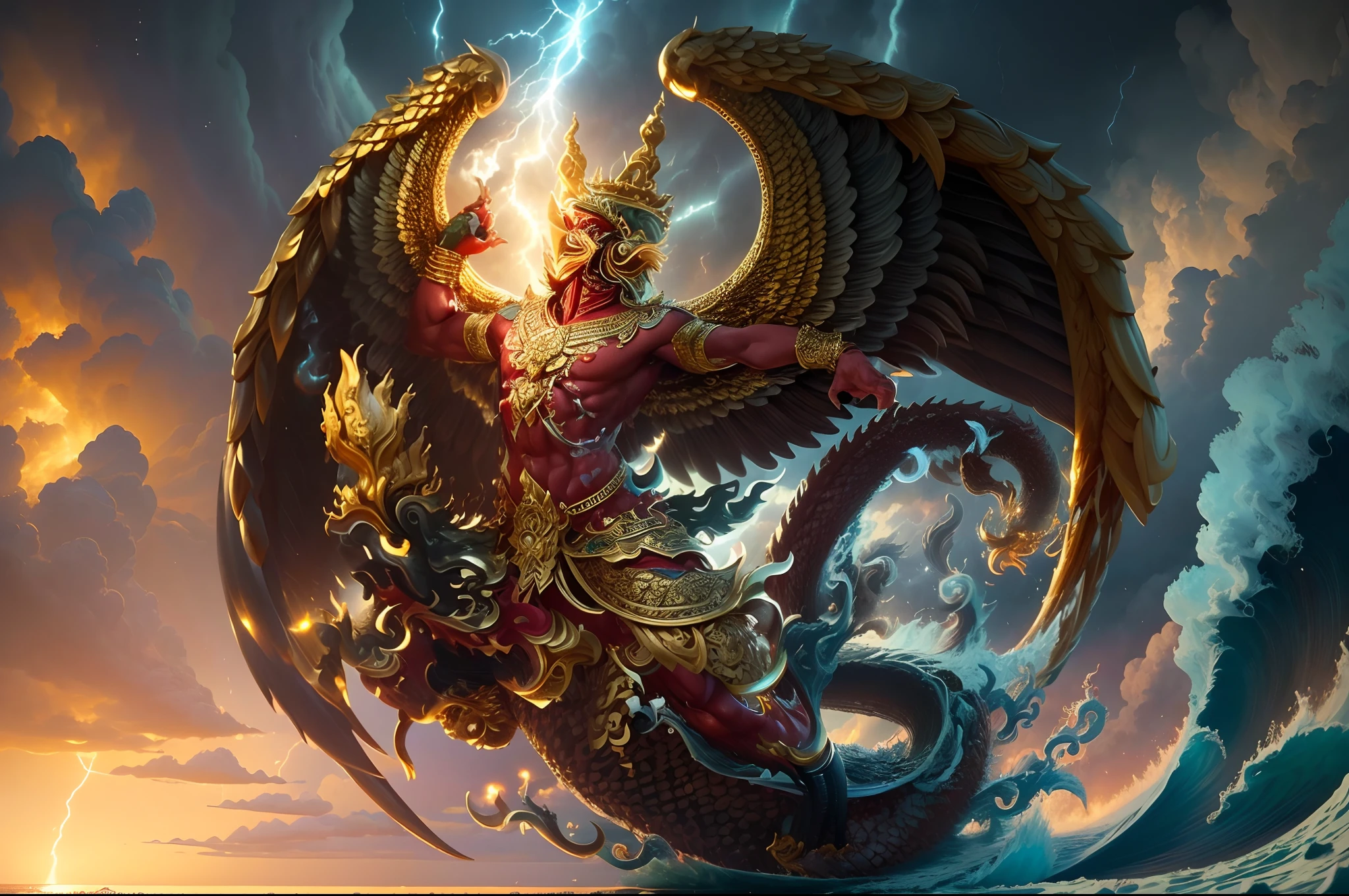 (masterpiece, best quality), (extremely detailed), absurdres, highres, PhayaKrut King Garuda on sky, fight with NagaSerpentGod in ocean, (chaos thunderstorm, large wave, Turbulent sea:1.4)