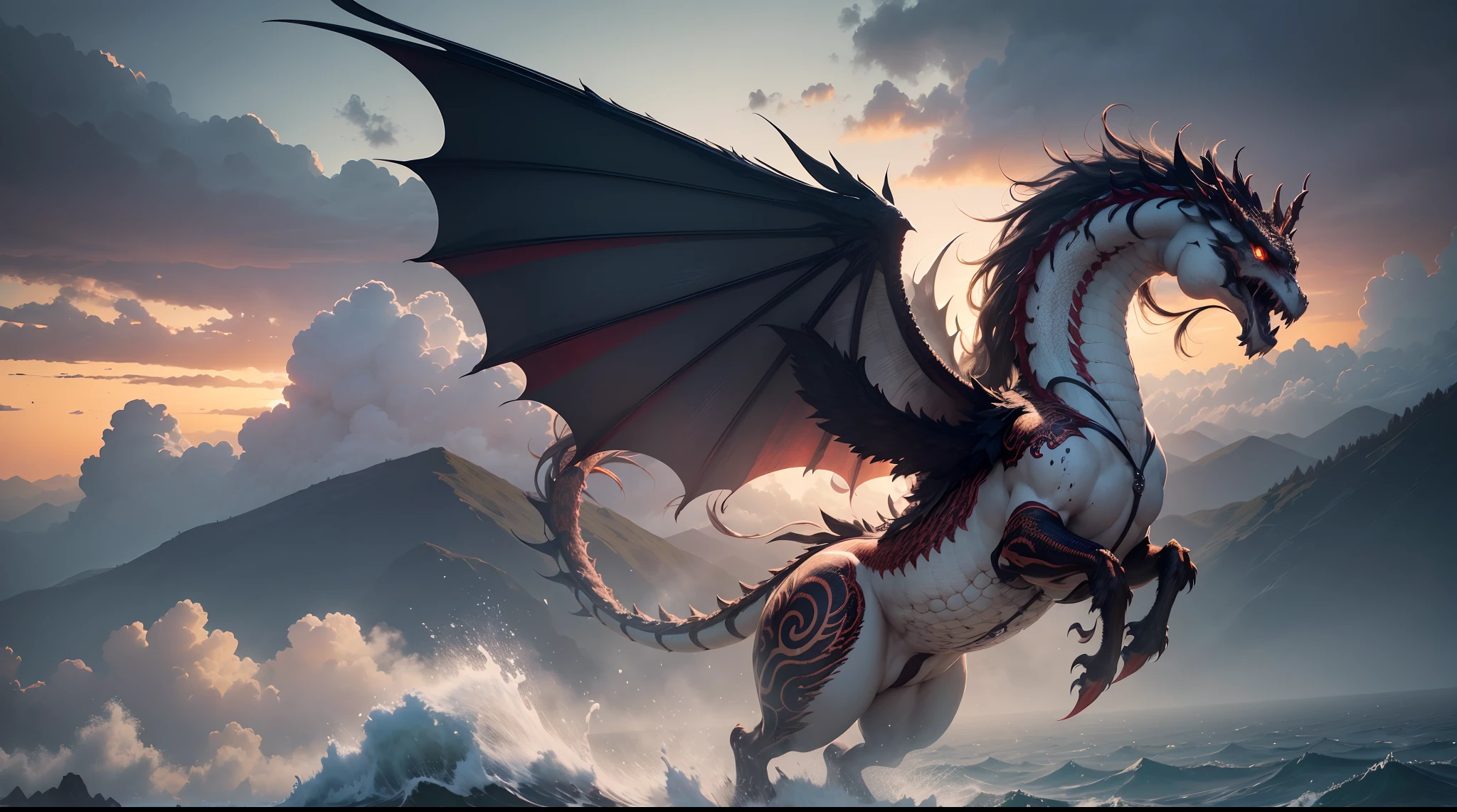 (The main subject: Wide-angle lens), (Best quality, A high resolution, Masterpiece:1.2), (Realistic:1.37), hdr,salama， [（multicolor，chinesedragon+banya+flowing mane+sharp claws and fangs)+(Dynamic and powerful wings）], salama，dramatic clouds,(Deep depth of field), rich details​, (Wide sky), (sense of vastness),Energy and vitality, Intricate details.