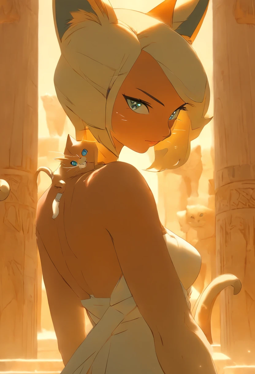 (((Woman's body and cat's head))) best quality, very high resolution, 4K detailed CG, masterpiece, Egyptian mythology, Bastet, sun in the background, Ancient Egypt, standing pose, cat's head, clothes white, Egyptian clothes, Egyptian temple, desert, Ancient Egypt, ((cat's head, woman's body)), Egyptian palace, aesthetics, beautiful image, centered on the screen, standing pose