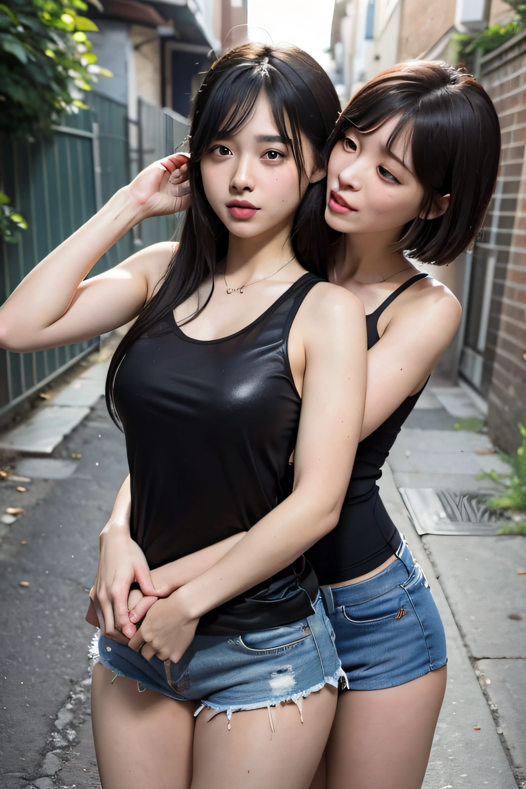 Two women having fun in a back alley, lewd: 1,2, hentai: 1,2, NSFW: 1,2, lesbian micah: 1,2, grabbing each other's ass, kissing, blushing, wet sleeveless t-shirt, shorts, anatomically correct