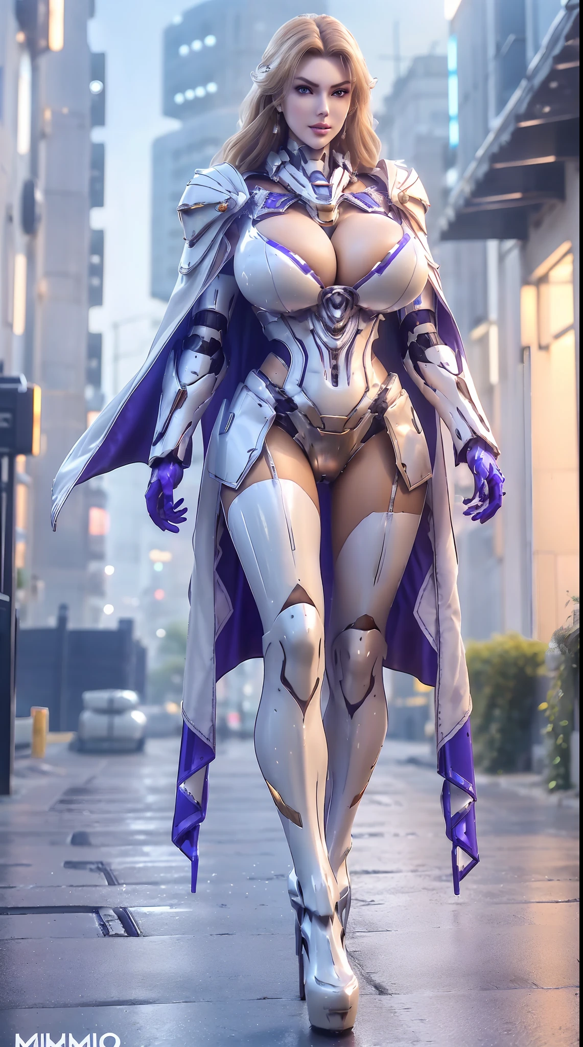 1GIRL, SOLO, (ssmile, makeup, beautifull eyes, red libs, white front bangs hair, gold ornament hair), (HUGE FAKE BOOBS:1.3), olied oily sweaty shiny wet skin, (GUARD ARM), (white, purple, blue, FUTURISTIC MECHA ARMOR SUIT, ROYAL CAPE, CLEAVAGE, SKINTIGHT YOGA PANTS, HIGH HEELS:1.5), (SLENDER BODY, SEXY LONG LEGS, FULL BODY:1.3), (LOOKING AT VIEWER:1), (WALKING DOWN ON STREET NIGHT CITY:1.3), PHYSICALLY-BASED RENDERING, ULTRA HIGHT DEFINITION, 8K, 1080P.