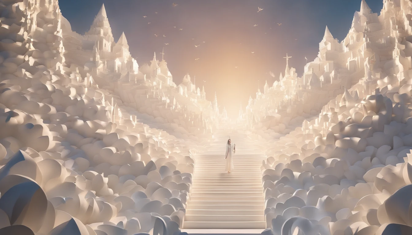 The Rapture ,Thousands of people are floating in the air,Standing on the clouds, Thousands of people are dressed in white, Raise your hands and sing hymns to praise God. The scenes are magnificent and surreal. (Best Quality, 4k, 8K, high resolucion, Masterpiece:1.2), Ultra-detailed, (realisitic, Photorealistic, Realistis:1.37), portrait of a, Vivid colors, studio lit, Sharp focus, physics based rendering, extreme detail description, Biblical Topics, grand ambience, radiant light.