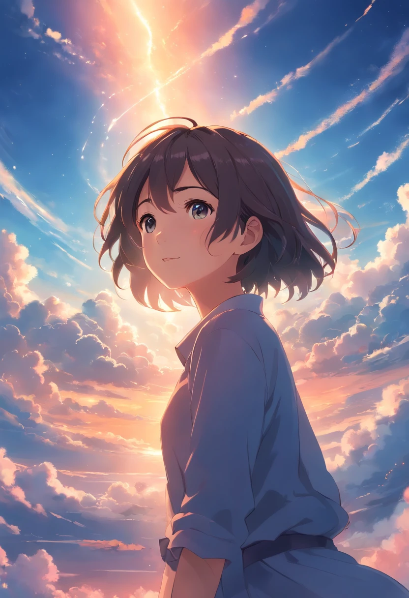 masterpiece, best quality, movie still, 1girl, cloud girl, floating in the sky, close-up, bright, happy, warm soft lighting, sunset, (sparks:0.7)