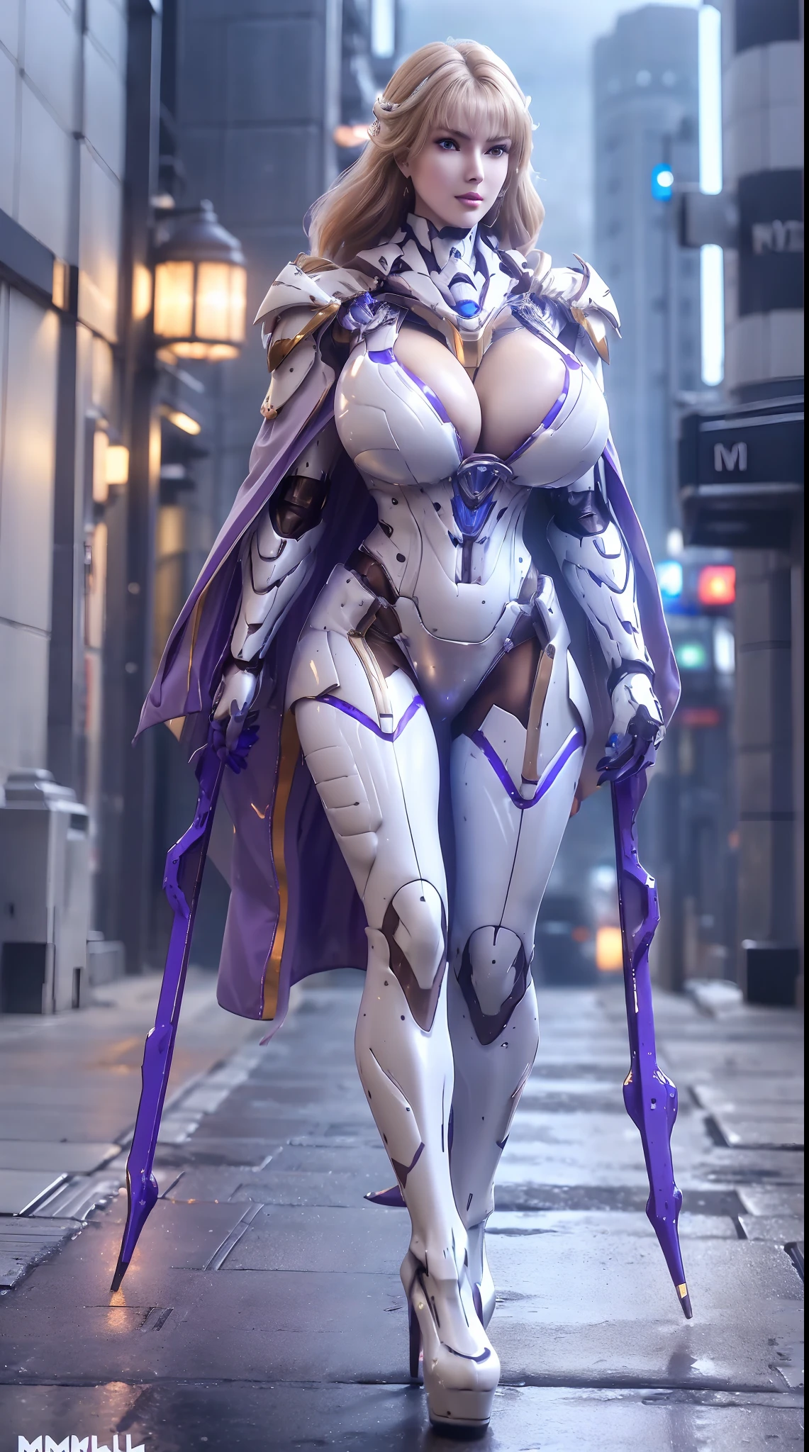 1GIRL, SOLO, (ssmile, makeup, beautifull eyes, red libs, white front bangs hair, gold ornament hair), (HUGE FAKE BOOBS:1.3), olied oily sweaty shiny wet skin, (GUARD ARM), (white, purple, blue, FUTURISTIC MECHA ARMOR SUIT, ROYAL CAPE, CLEAVAGE, SKINTIGHT YOGA PANTS, HIGH HEELS:1.5), (SLENDER BODY, SEXY LONG LEGS, FULL BODY:1.3), (LOOKING AT VIEWER:1), (WALKING DOWN ON STREET NIGHT CITY:1.3), PHYSICALLY-BASED RENDERING, ULTRA HIGHT DEFINITION, 8K, 1080P.