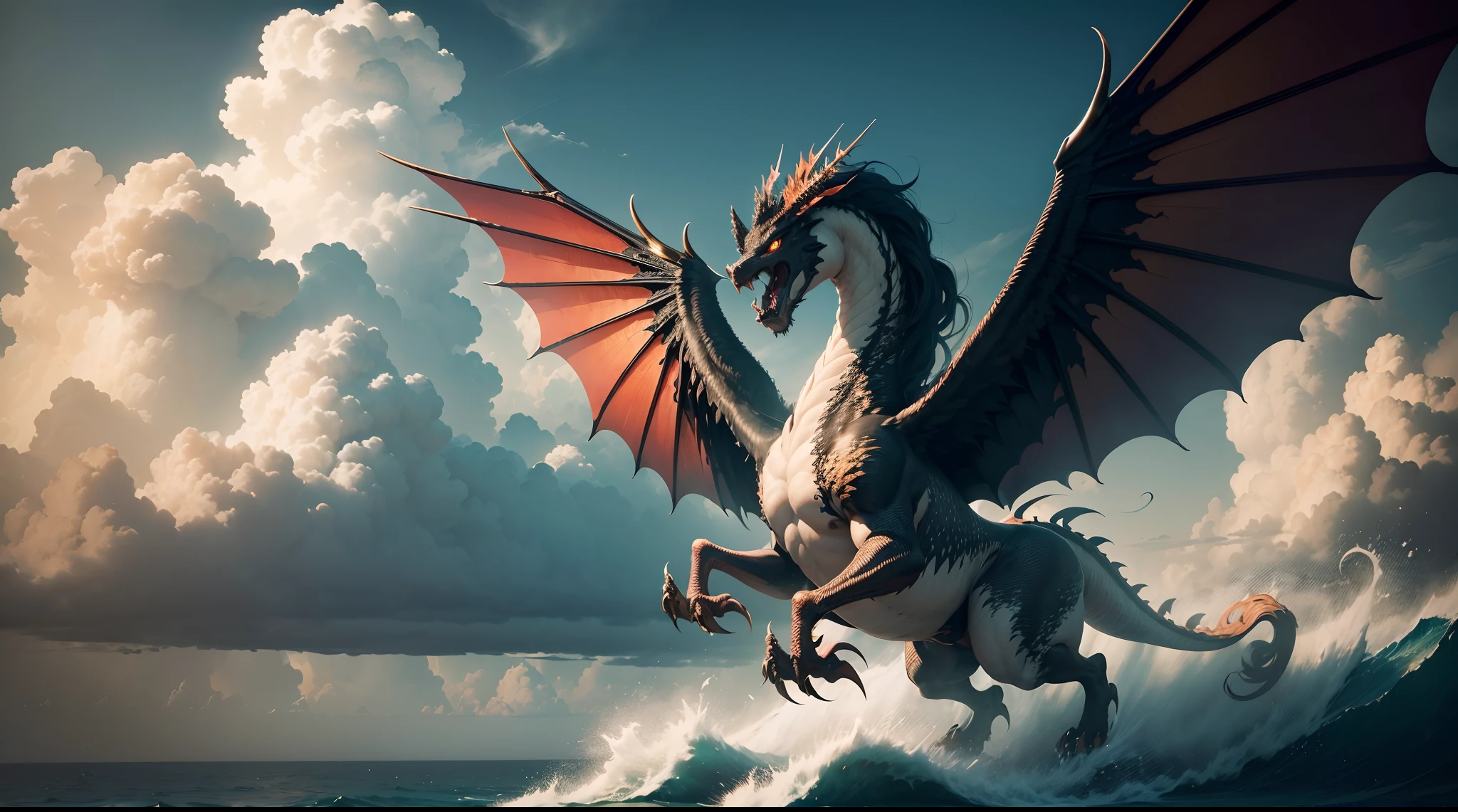 (The main subject: Wide-angle lens), (Best quality, A high resolution, Masterpiece:1.2), (Realistic:1.37), hdr,salama， [（multicolor，chinesedragon+banya+flowing mane+sharp claws and fangs)+(Dynamic and powerful wings）], salama，dramatic clouds,(Deep depth of field), rich details​, (Wide sky), (sense of vastness),Energy and vitality, Intricate details.