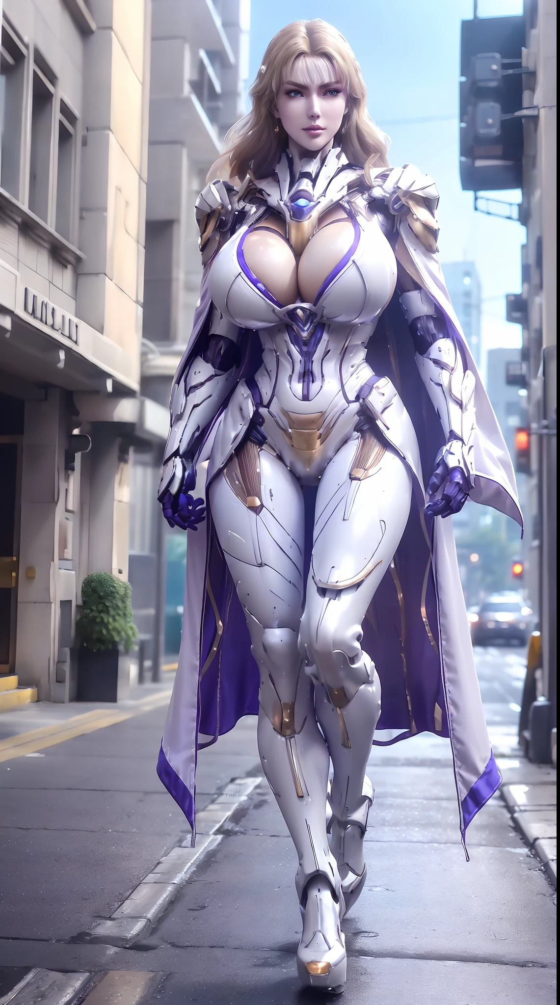 1GIRL, SOLO, (ssmile, makeup, beautifull eyes, red libs, white front bangs hair, gold ornament hair), (HUGE FAKE BOOBS:1.3), olied oily sweaty shiny wet skin, (GUARD ARM), (white, purple, blue, FUTURISTIC MECHA ARMOR SUIT, ROYAL CAPE, CLEAVAGE, SKINTIGHT YOGA PANTS, HIGH HEELS:1.5), (SLENDER BODY, SEXY LONG LEGS, FULL BODY:1.3), (LOOKING AT VIEWER:1), (WALKING DOWN ON STREET NIGHT CITY:1.3), PHYSICALLY-BASED RENDERING, ULTRA HIGHT DEFINITION, 8K, 1080P.