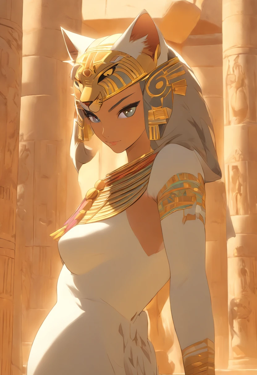 (((Woman's body and feline head))) best quality, very high resolution, 4K detailed CG, masterpiece, Egyptian mythology, Bastet, sun in the background, Ancient Egypt, standing pose, cat's head, clothes white, Egyptian clothes, Egyptian temple, desert, Ancient Egypt, ((feline head, woman's body)), Egyptian palace, aesthetics, beautiful image, centered on screen, standing pose