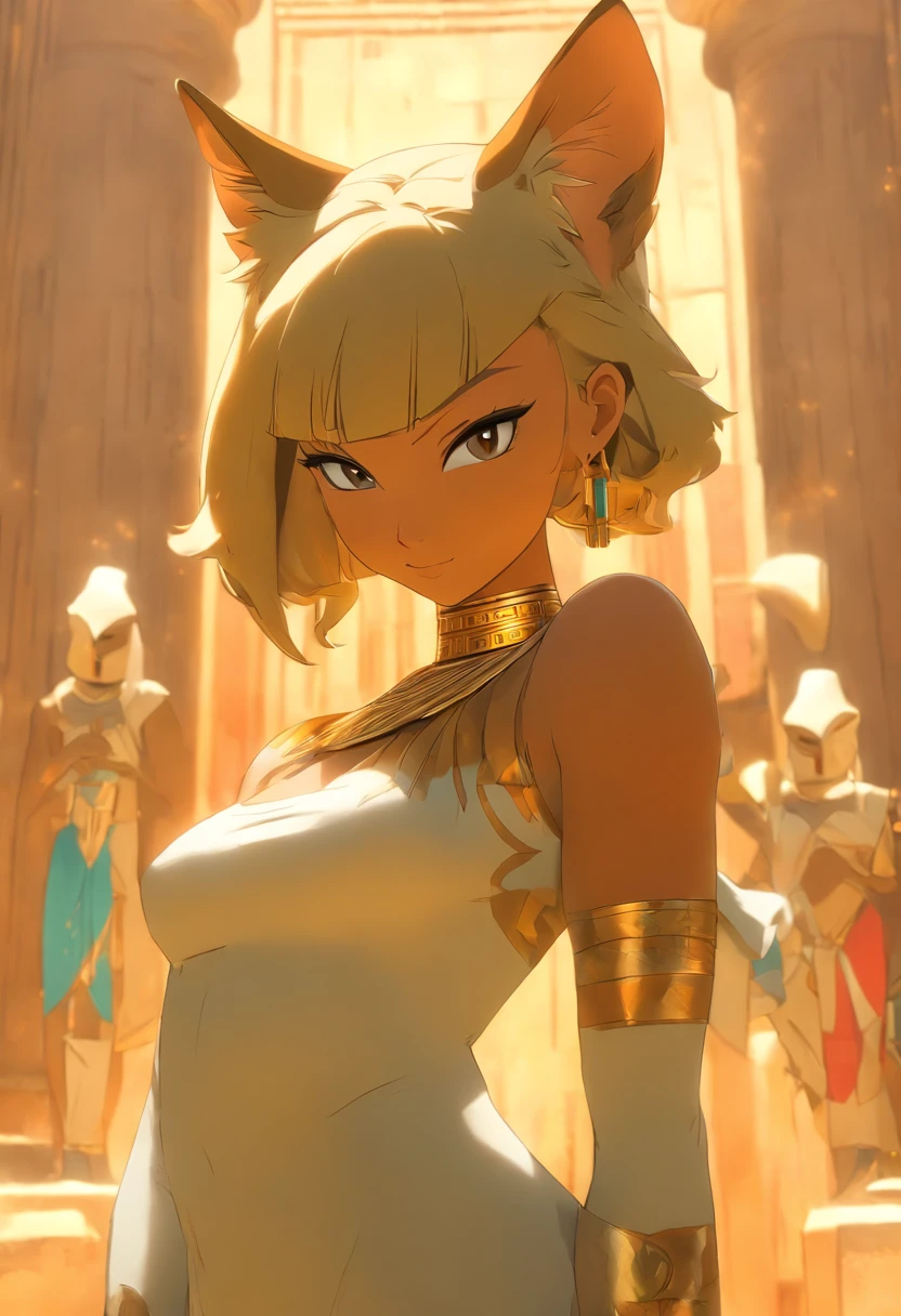 (((Woman's body and cat's head))) best quality, very high resolution, 4K detailed CG, masterpiece, Egyptian mythology, Bastet, sun in the background, Ancient Egypt, standing pose, cat's head, clothes white, Egyptian clothes, Egyptian temple, desert, Ancient Egypt, ((cat's head, woman's body)), Egyptian palace, aesthetics, beautiful image, centered on the screen, standing pose