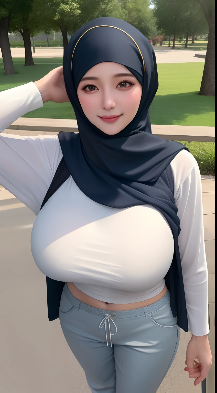 ((Best quality, 8k, Masterpiece :1.3)), Beautiful face, (photo realistic:1.4), soft lighting, (high detailed skin:1.3), 8k uhd, dslr, high quality, high resolution, 4k, 8k, absurdres, best ratio four finger and one thumb, (realistic:1.4), ((realistic super huge and jumbo breasts :1.3)), Highly detailed face and skin texture, Detailed eyes, Double eyelid, full body view, 1hijabgirl,(W cup breast),hijab outfit,long t-shirt and long pants,smiling,in outdoor park's