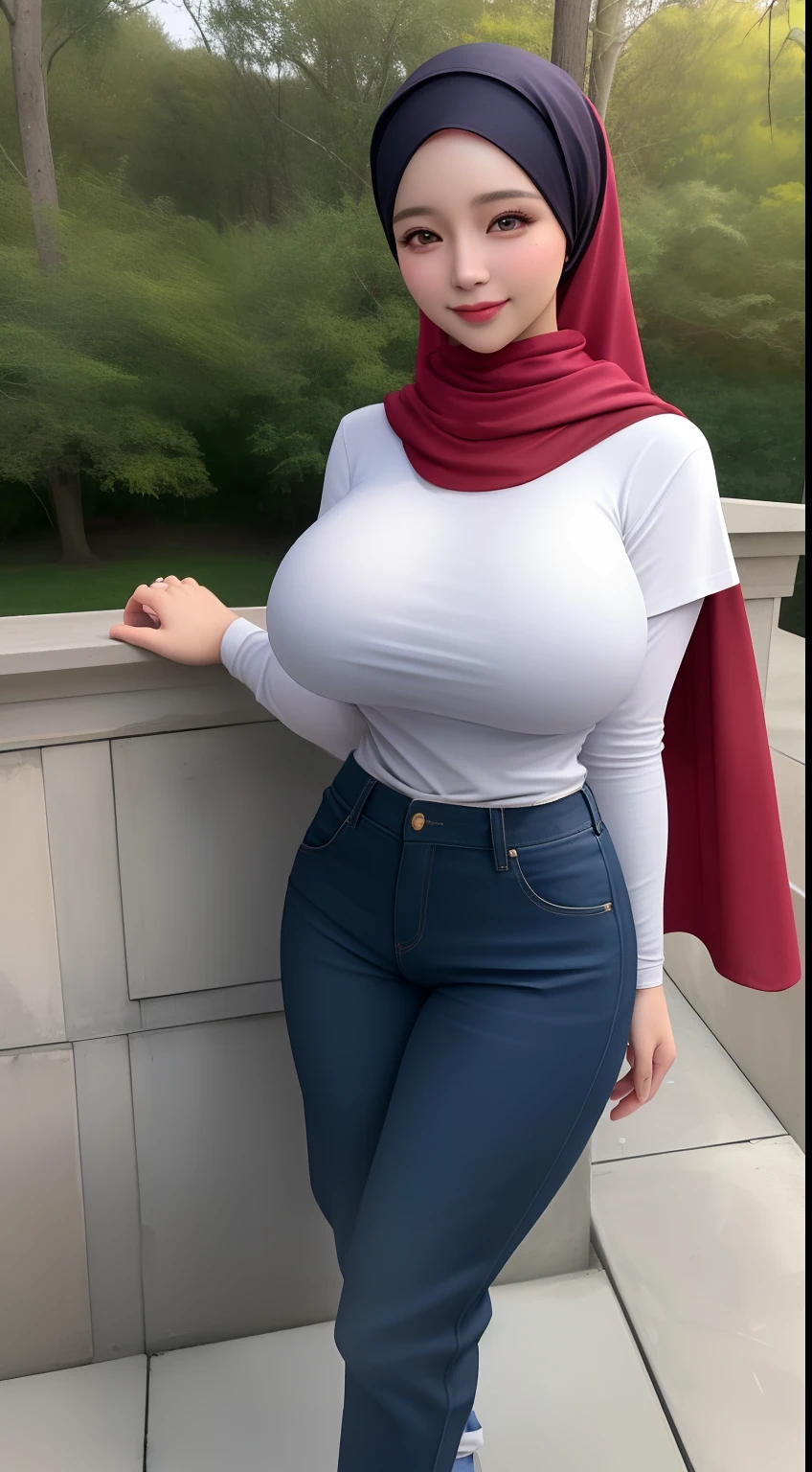 ((Best quality, 8k, Masterpiece :1.3)), Beautiful face, (photo realistic:1.4), soft lighting, (high detailed skin:1.3), 8k uhd, dslr, high quality, high resolution, 4k, 8k, absurdres, best ratio four finger and one thumb, (realistic:1.4), ((realistic super huge and jumbo breasts :1.3)), Highly detailed face and skin texture, Detailed eyes, Double eyelid, full body view, 1hijabgirl,(W cup breast),hijab outfit,long t-shirt and long pants,smiling,in outdoor park's