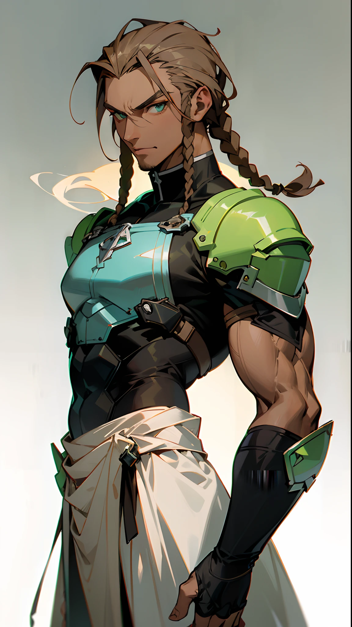 (masterpiece, best quality )detailed, 1Character ,  pastel washed out colors , cell shade , soft, muted shades ,gentle colors , blue archive art style

Battle:
Wearing a mix of sword art online and futuristic style clothes ,


((Handsome man:1)) , ((Dark skin:1.5)) , ((cornrows:1.3)) , ((light brown hair)) , ((male:1.4)) , full lips , green eyes ,((muscular arms:1)) ,big hair , strong jawline , ((muscular build)) ,masculine, ((has stubble:1)),age 33