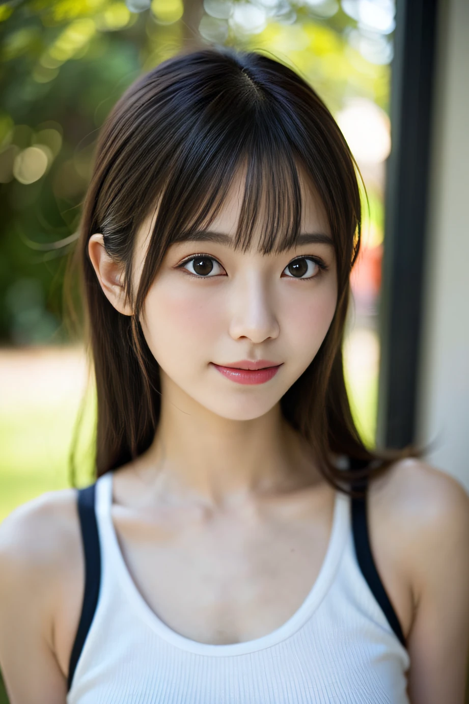 (Photo Real:1.4), (hyper realisitic:1.4), (realisitic:1.3), (Smooth lighting:1.05), 1girl in, Neat and clean beauty, age19. lovely, Cute, Tank top, Warm light, Realistic lighting. Back lighting、Facial light, (cheerfulness:1.2). (Improved image quality:1.4).  (Finest Real Textured Skins). finely eye. Small face of thin daughter. breastsout. Pointed jaws. close up of face. 韓国アイドル, Gravure Idol Pose Slender. glowy skin, 乃木坂アイドル,