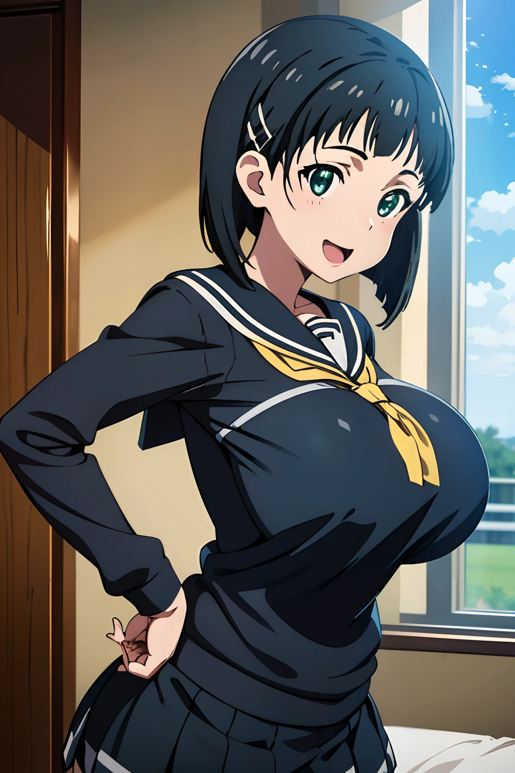 very huge tits, busty, gray sailor school uniform, yellow nectie, Naoha Kirigaya(sword art online), 1girl, bob hair, black hair, hairclip, ​masterpiece, green eyes, top-quality, A sexy、school、dynamic angle, view at camera, half body, open mouth, smile