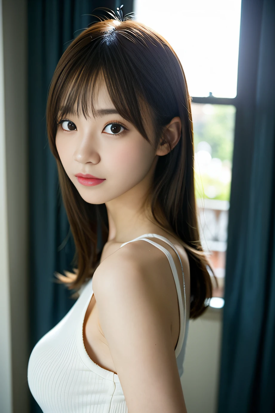 (Photo Real:1.4), (hyper realisitic:1.4), (realisitic:1.3), (Smooth lighting:1.05), 1girl in, Neat and clean beauty, age19. lovely, Cute, Tank top, Warm light, Realistic lighting. Back lighting、Facial light, (cheerfulness:1.2). (Improved image quality:1.4).  (Finest Real Textured Skins). finely eye. Small face of thin daughter. breastsout. Pointed jaws. close up of face. 韓国アイドル, Gravure Idol Pose Slender. glowy skin, 乃木坂アイドル,