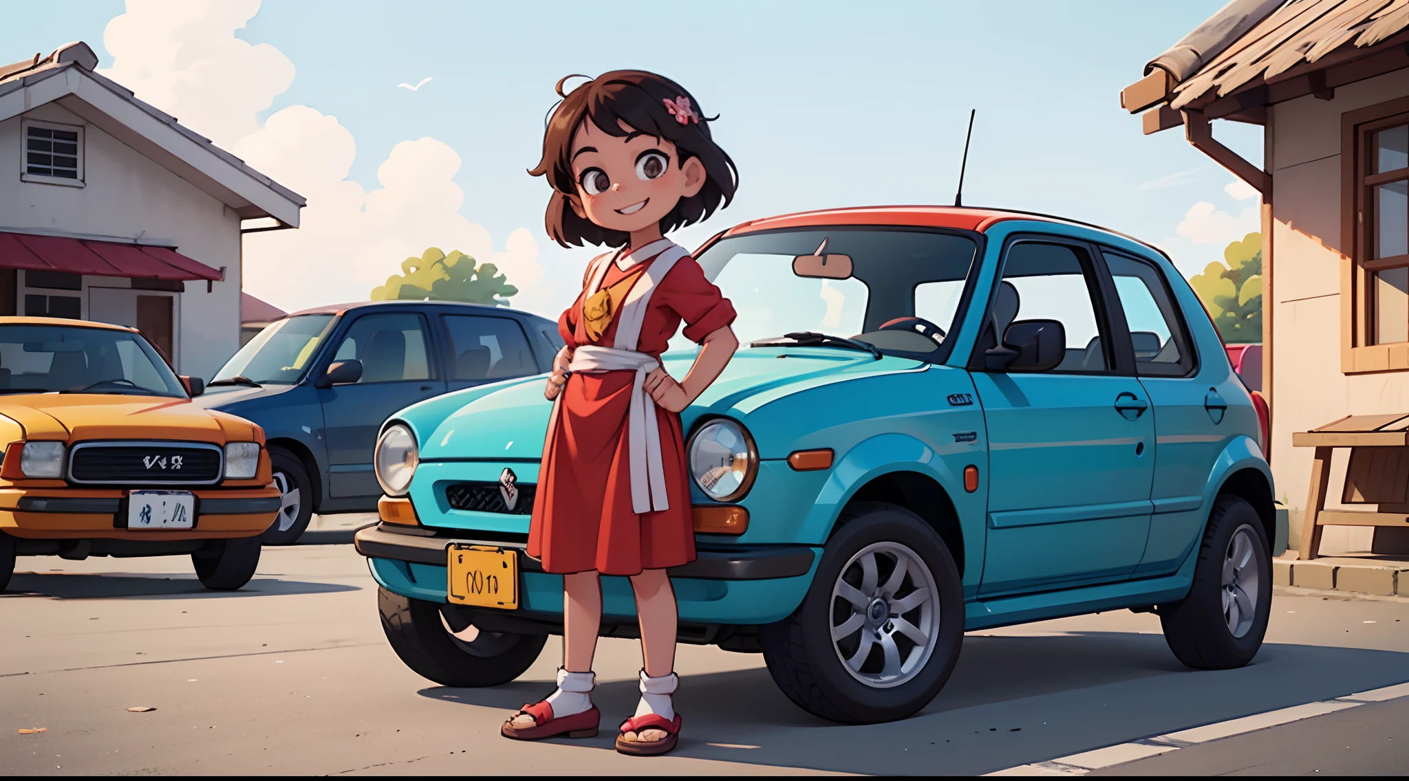 Octane Render、(Hyper-detailing: 1.15)、(Soft light、sharp: 1.2)、morning、 posing in front of EV in parking lot near beach, Traditional costumes、Distinctive ethnic hair ornaments、Characteristic ethnic shoes、 Fuji Film, F/4.0, masutepiece, Anatomically correct、A smile, radiant light、bustup