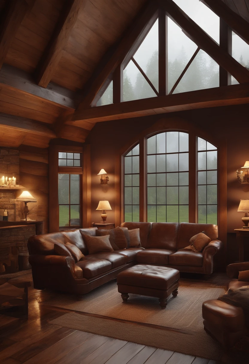 relaxing environment, brown rustic house, with furniture, large window, fireplace, raining, ultra realistic, 8k, full hd - air 9:16