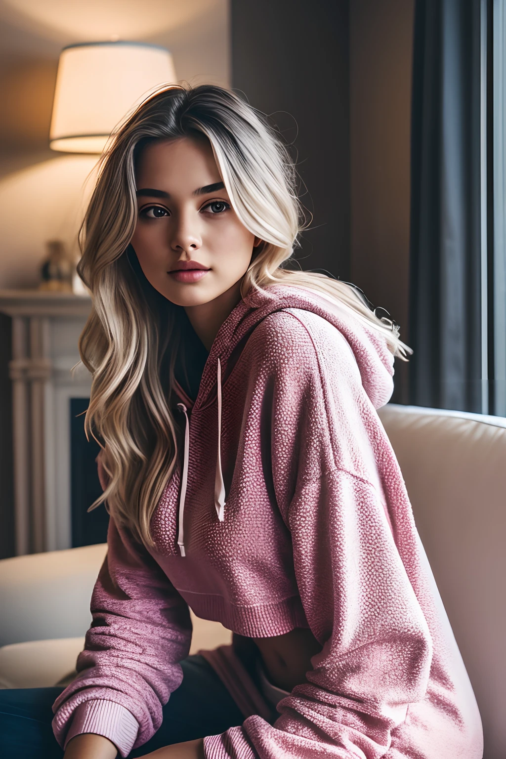 1girl in, 19, Solo, Long wavy hair, messy wind blown hair, blondehair, Full body, Colossal tits, side profile, living room couch, laying on couch, legs up on couch, in an oversized pink hoodie, pink hoodie, (extremely detailed 8k wallpaper), mood lighting, high quality, film grain, Fujifilm XT3 sharp focus, f 5.6, 50mm, High Detail, Sharp focus,(dark light), boudoir lighting, nighttime, (seductive), Realistic, crazy details, complex details, hyper detailed,