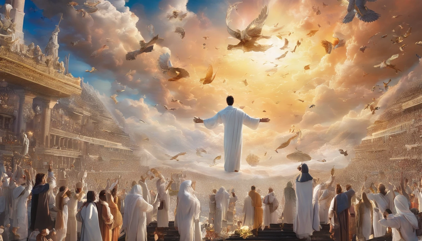 The Rapture ,Thousands of people are floating in the air,Standing on the clouds, Thousands of people are dressed in white, Raise your hands and sing hymns to praise God. The scenes are magnificent and surreal. (Best Quality, 4k, 8K, high resolucion, Masterpiece:1.2), Ultra-detailed, (realisitic, Photorealistic, Realistis:1.37), portrait of a, Vivid colors, studio lit, Sharp focus, physics based rendering, extreme detail description, Biblical Topics, grand ambience, radiant light.