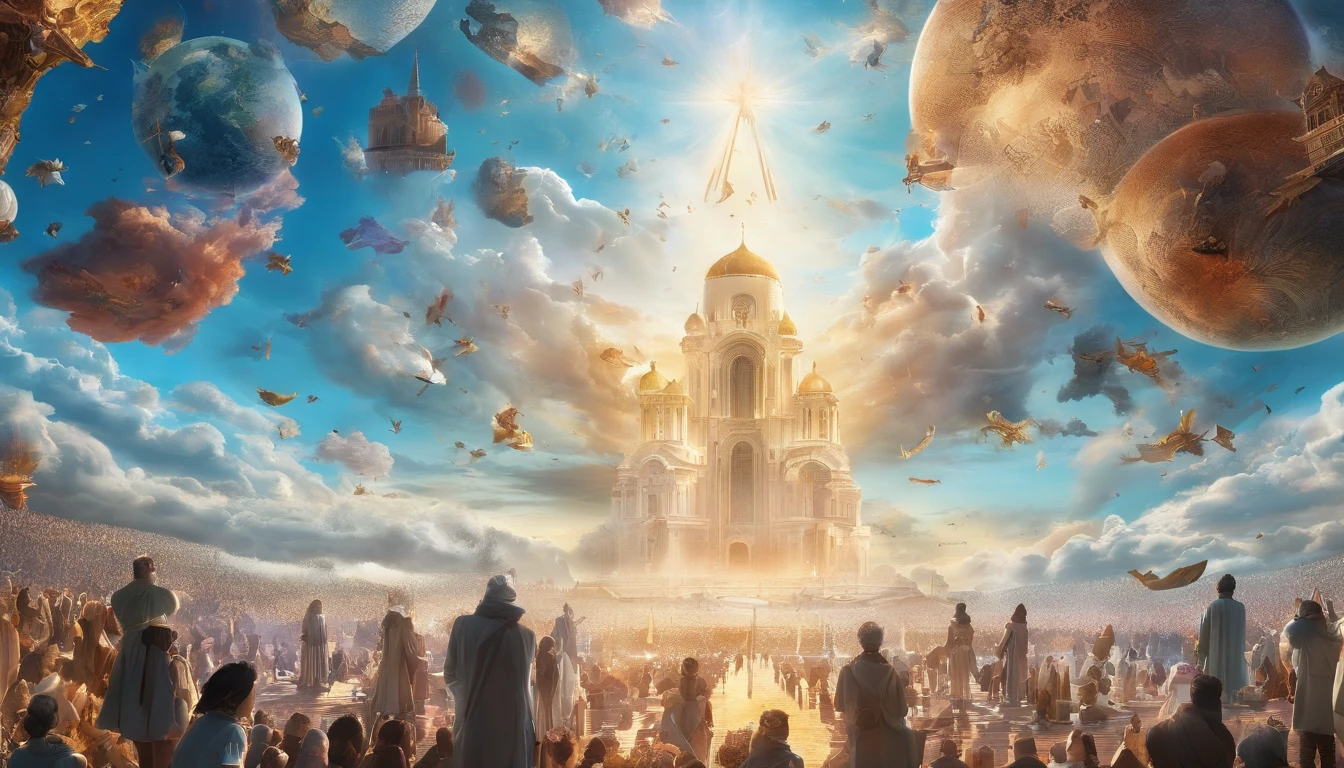 The Rapture ,Thousands of people are floating in the air,Standing on the clouds, Thousands of people are dressed in white, Raise your hands and sing hymns to praise God. The scenes are magnificent and surreal. (Best Quality, 4k, 8K, high resolucion, Masterpiece:1.2), Ultra-detailed, (realisitic, Photorealistic, Realistis:1.37), portrait of a, Vivid colors, studio lit, Sharp focus, physics based rendering, extreme detail description, Biblical Topics, grand ambience, radiant light.