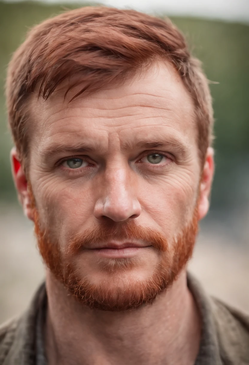 A middle aged, stern Germanic-Irish man with a round body, rugged looks with dark red hair. Hulking but with friendly eyes.