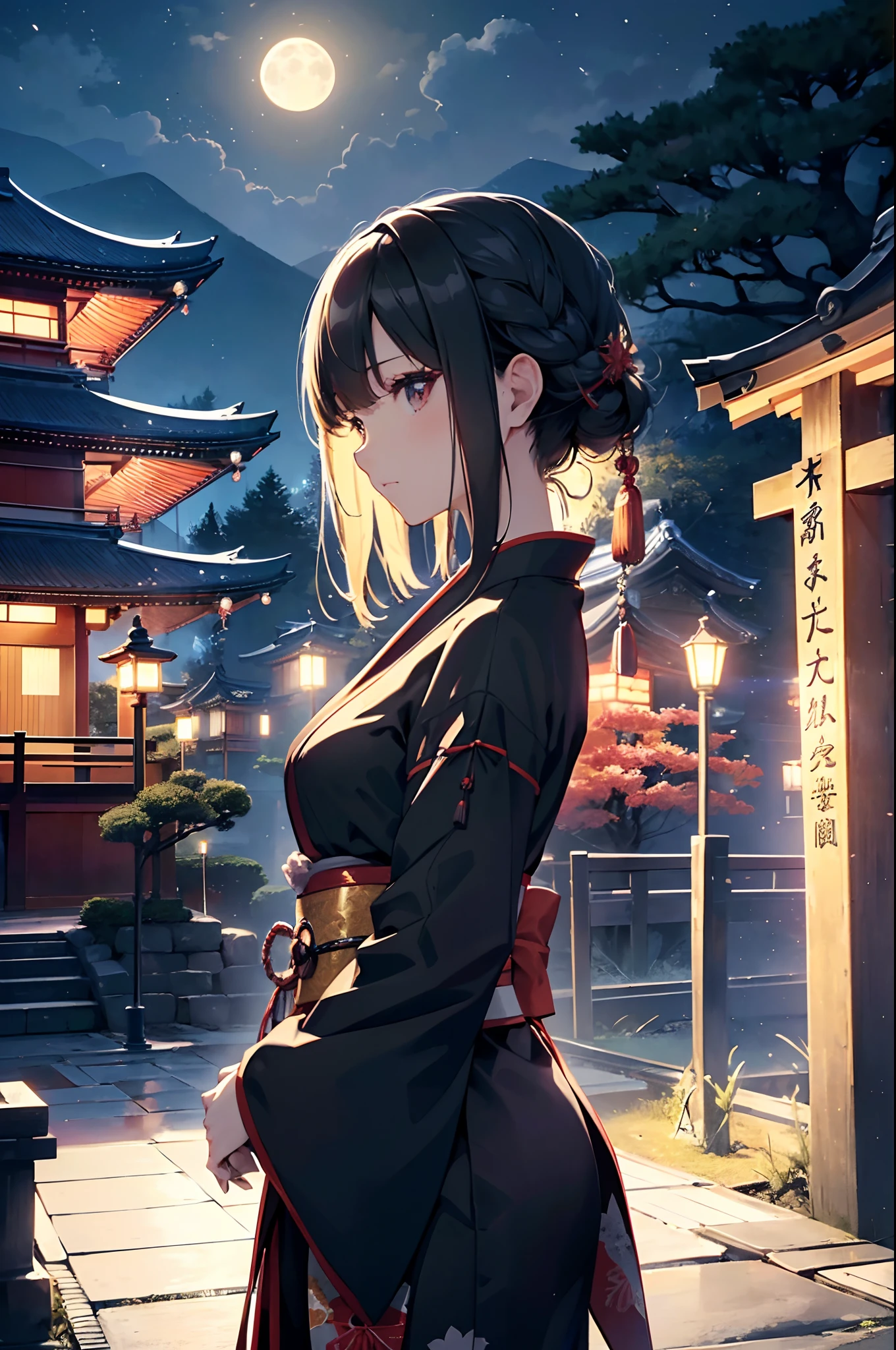 (Official art、Best Quality、Unity 8k Wallpapers、32K、​masterpiece、ultra-detailliert、超A high resolution、realisitic、Photorealsitic:1.2)、(Cinematic lighting:1.2)、Fireglow effect、film grains、Best Shadows、Rim lighting、side lights、(Ultra-detailed and complex 3D rendering)、Detailed beautiful face and eyes、A slender、Medium bust、(Full body:1.2)、(sideshot、Looking away:1.2)、(Mystical、moonlights)、Highly detailed background、beauitful face、a beauty girl、(super detailed skin、detailed skin textures:1.3)、Japan garden、cowboy  shot、Tree with red leaves on tower background々, Japan at night, japan sightseeing, japan deeper travel exploration, japanese temples, pagoda, during night!!, set at night, during night!, けもの, Vivid!!, japanese city at night, full - view, ancient japanese architecture, by Torii Kiyomasu II, november, kyoto japan setting