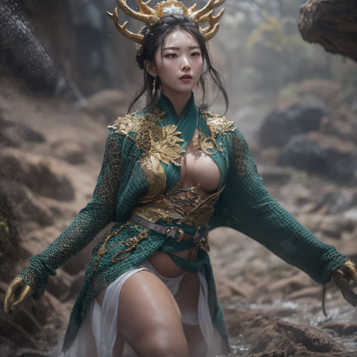 cinematic cgsociety,,Tropical canyon battle scene、Chinese big breasts、Quaint、three kingdom、ember、100 people、Faraway view(CG)、Intense CG battles、high detal、masuter piece、NSFW,Multi-layered long-sleeved gauze garment,Quick-dry vest,Linen sweater,Python cloak,Golden antlers, Silver cloak, Burgundy body hair,Water vapor female spy,Shower buttocks green fruit milk jelly flat chest,Pine silk fish net knee brace space dance,Wear reflective sunglasses with a thick gold thread,Wear boxing gloves,extremely happy,Zhou Dongyu(Tropical canyon battle scene)((Scenes))