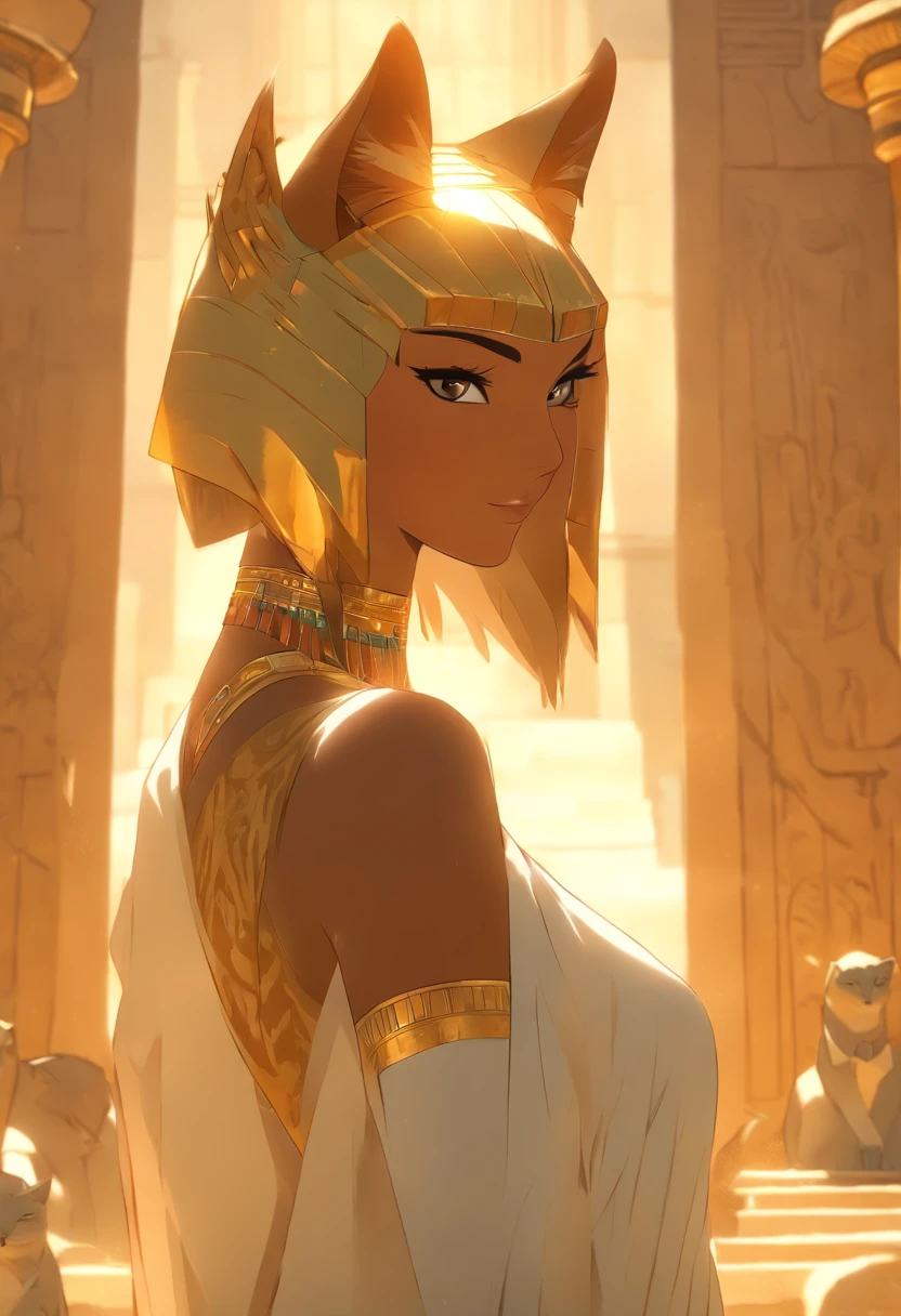 (((Woman's body and feline head))) best quality, very high resolution, 4K detailed CG, masterpiece, Egyptian mythology, Bastet, sun in the background, Ancient Egypt, standing pose, black cat head, white clothes, Egyptian clothes, Egyptian temple, desert, Ancient Egypt, ((feline head, woman body)), Egyptian palace, aesthetics, beautiful image, centered on screen, standing pose