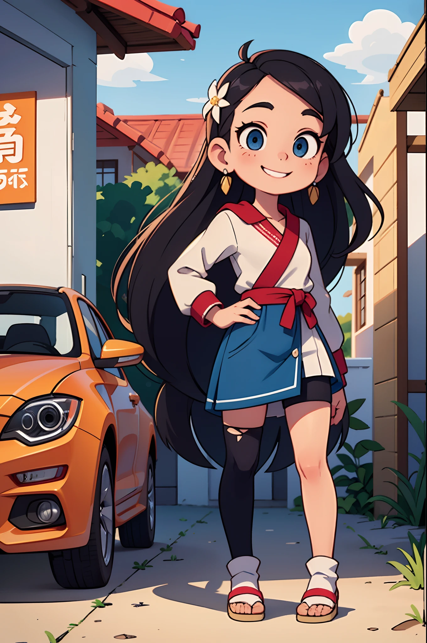 Octane Render、(Hyper-detailing: 1.15)、(Soft light、sharp: 1.2)、morning、 posing in front of colorful EV in parking lot near beach, Traditional costumes、Distinctive ethnic hair ornaments、Characteristic ethnic shoes、 Fuji Film, F/4.0, masutepiece, Anatomically correct、A smile, radiant light